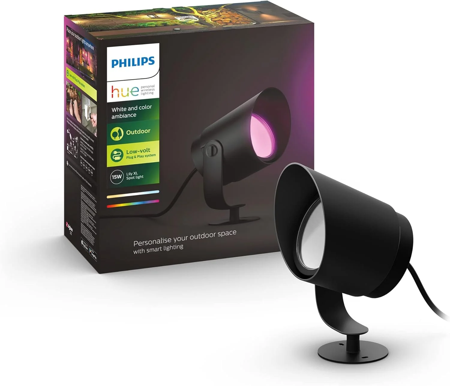 چراغ هوشمند LED فیلیپس Hue Lily XL با نور سفید و رنگی برای فضای باز [فقط افزونه]، نیاز به Hue Bridge + کیت پایه (جداگانه فروخته می شود)، کار با الکسا، دستیار گوگل و Apple Homekit.