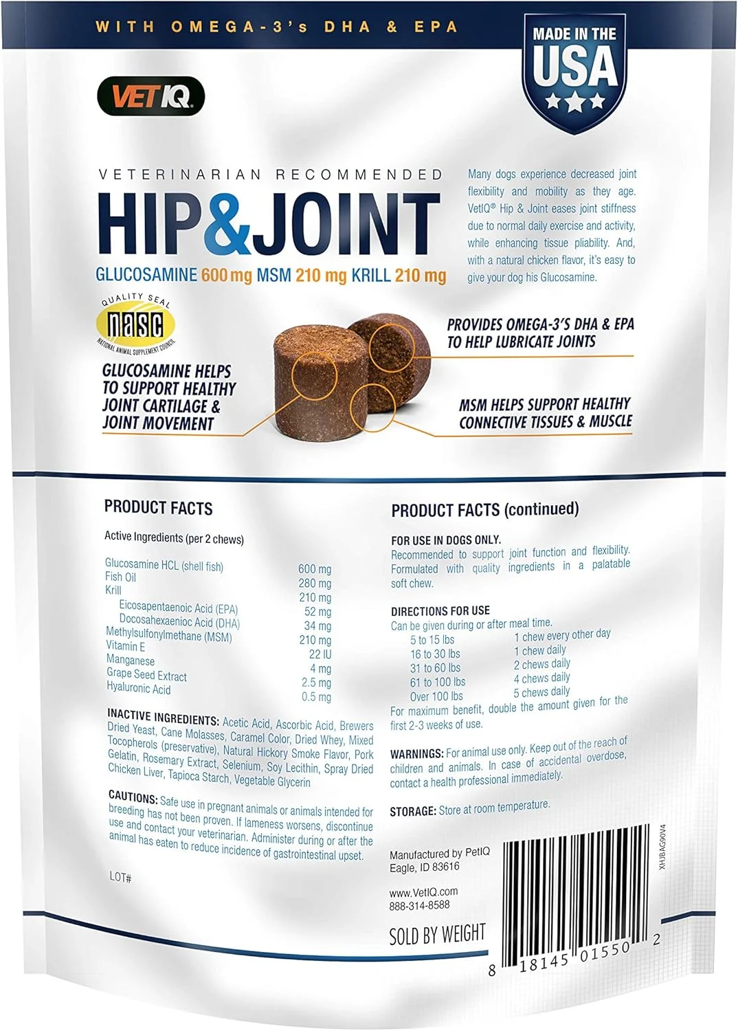 مکمل مفصل و لگن سگ VetIQ، جویدنی های نرم با طعم مرغ، 90 عدد