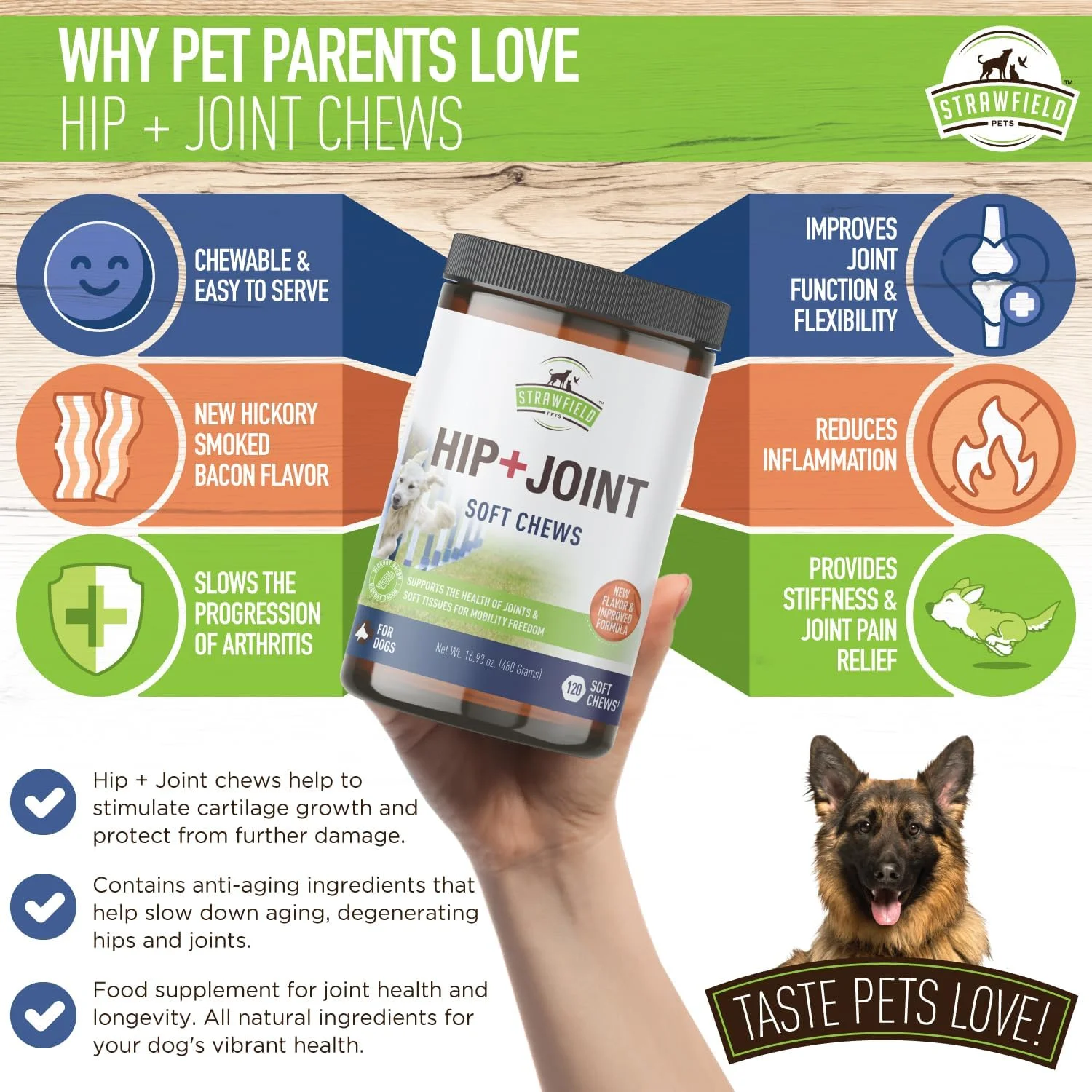 گلوکوزامین سگ Strawfield Pets - کندرویتین، MSM، زردچوبه - 120 عدد تشویقی نرم بدون غلات - مکمل حمایت از مفاصل و لگن برای تسکین درد آرتروز سگ، دیسپلازی، ساخت آمریکا