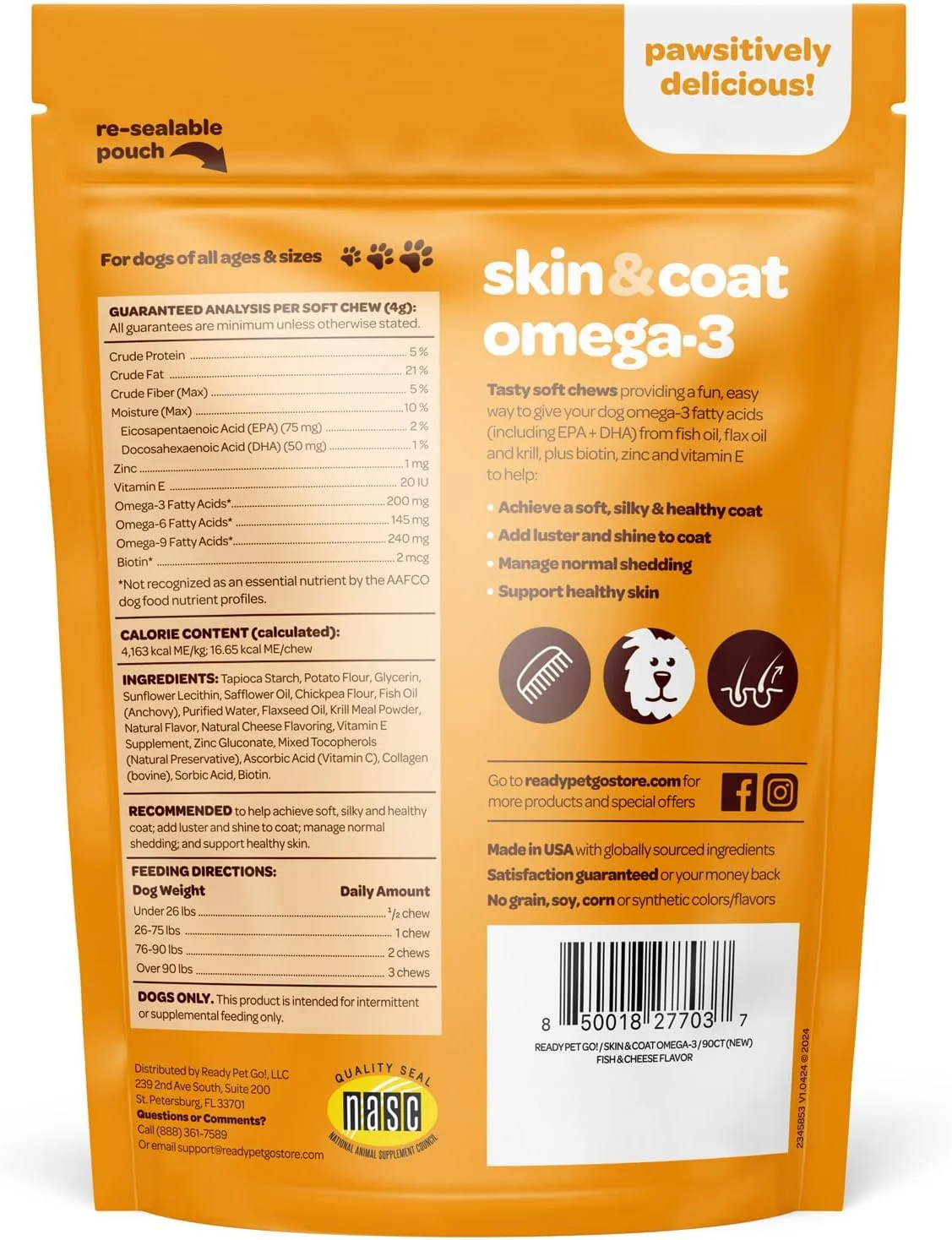 آماده حرکت حیوان خانگی! امگا 3 برای سگ ها - ریزش موی سگ، آلرژی پوستی، تسکین خارش، درمان جرب و نقاط داغ - EPA و DHA - مکمل طبیعی مفاصل برای سگ ها، سلامت قلب و مغز - 90 عدد جویدنی نرم روغن ماهی