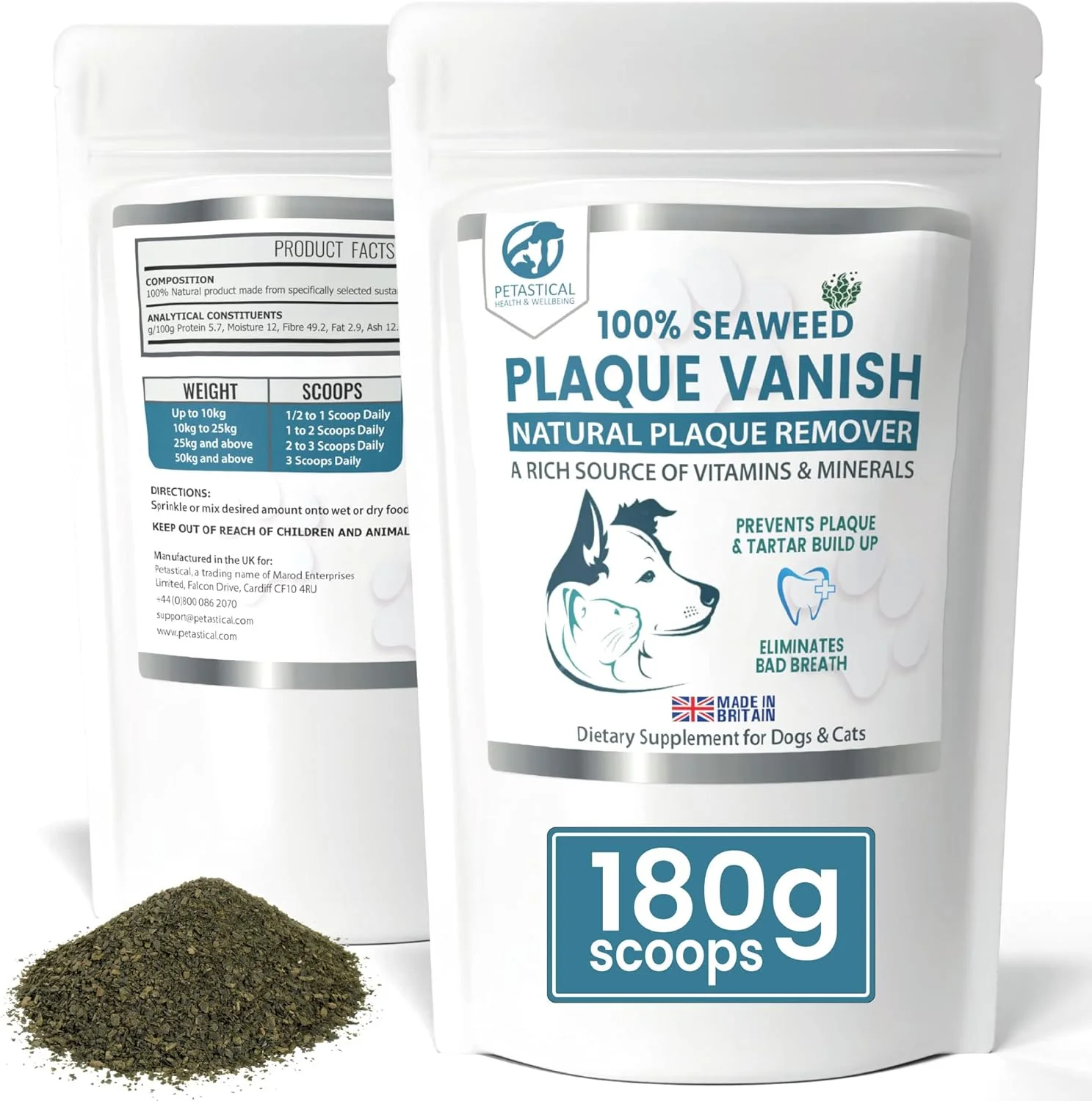 پودر از بین برنده جرم دندان پتستیکال برای سگ و گربه، از بین برنده جرم دندان و بوی بد دهان (180 گرم)