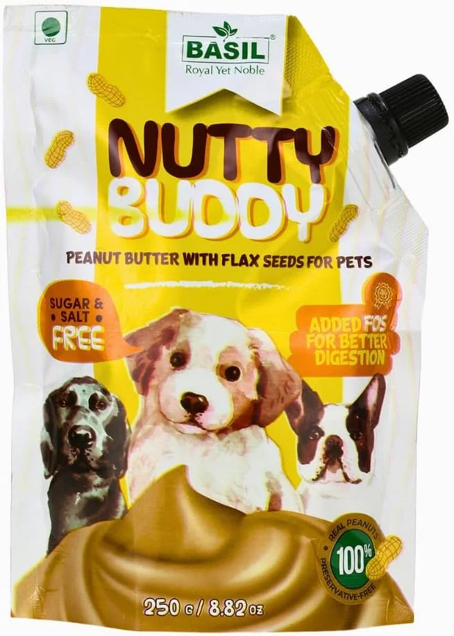 کره بادام زمینی با دانه کتان باسیل ناتی بادی، تشویقی و جویدنی برای سگ ها، تغذیه و پروتئین (250 گرم در یک بسته) بسته 1 عددی