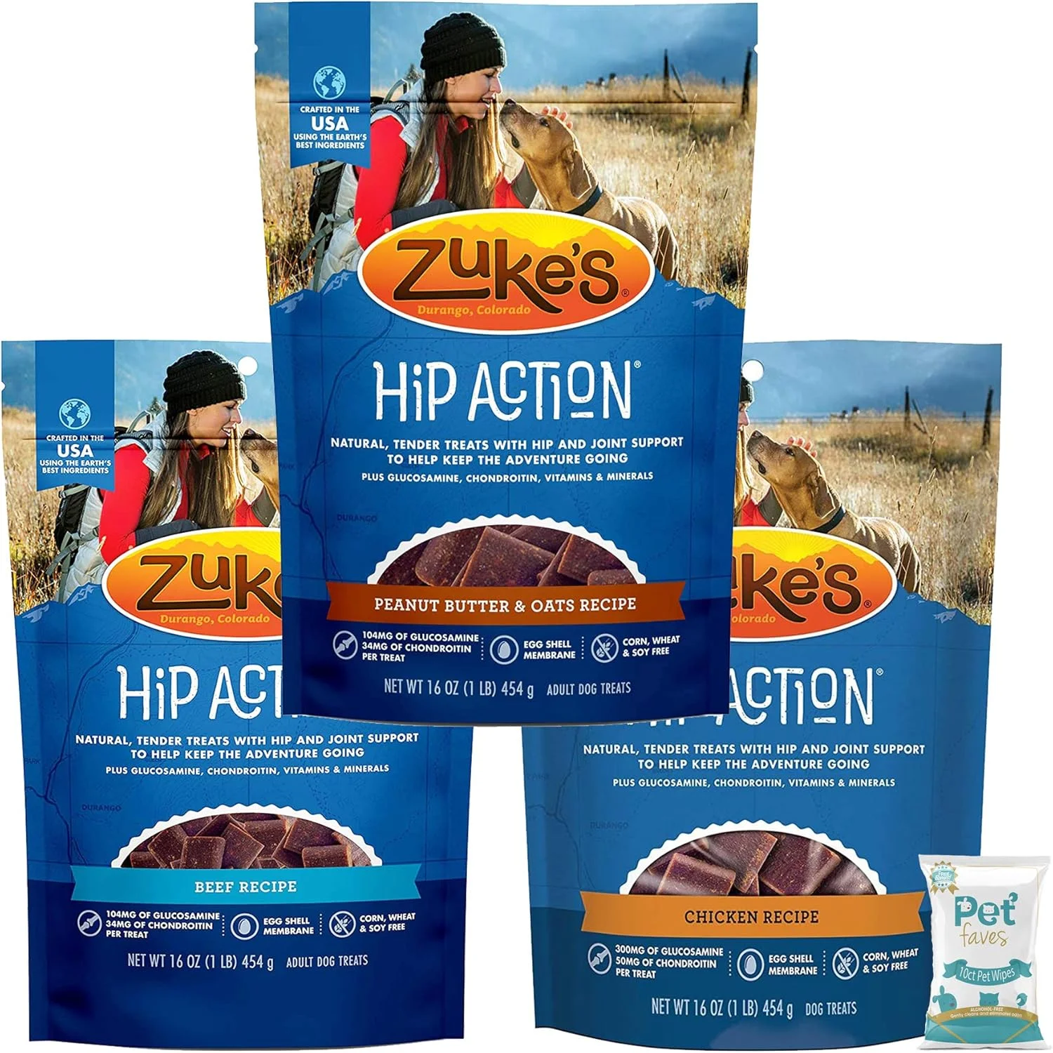 پت فیوز بسته 3 عددی تشویقی سگ Zuke Hip Action برای حمایت از مفاصل ران و مفصل، 3 طعم: (1) دستور پخت گوشت گاو کبابی، (1) فرمول کره بادام زمینی تازه، و (1) دستور پخت مرغ کبابی (453 گرم) به همراه دستمال مرطوب 10 عددی
