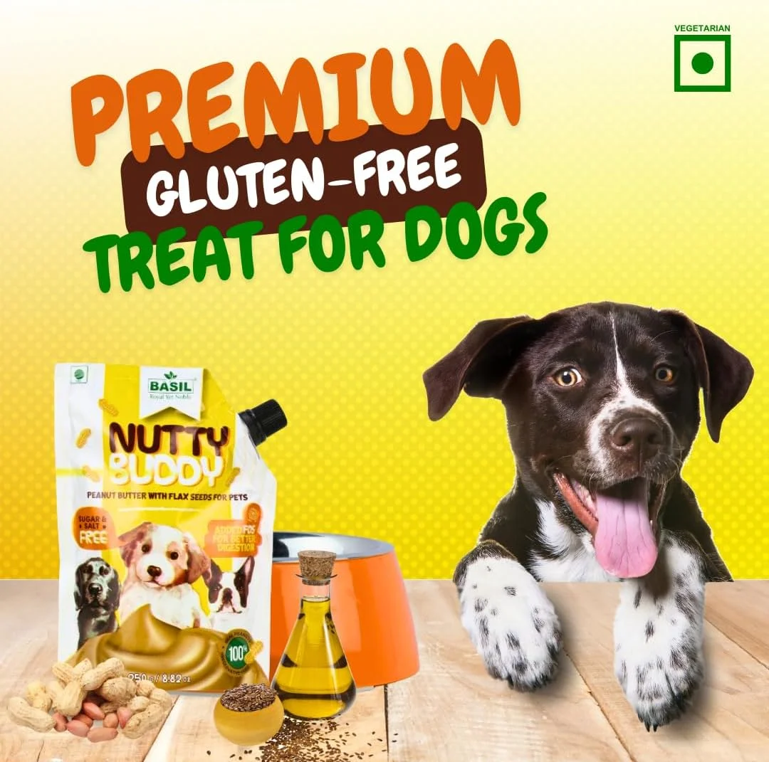 کره بادام زمینی با دانه کتان باسیل ناتی بادی، تشویقی و جویدنی برای سگ ها، تغذیه و پروتئین (250 گرم در یک بسته) بسته 1 عددی