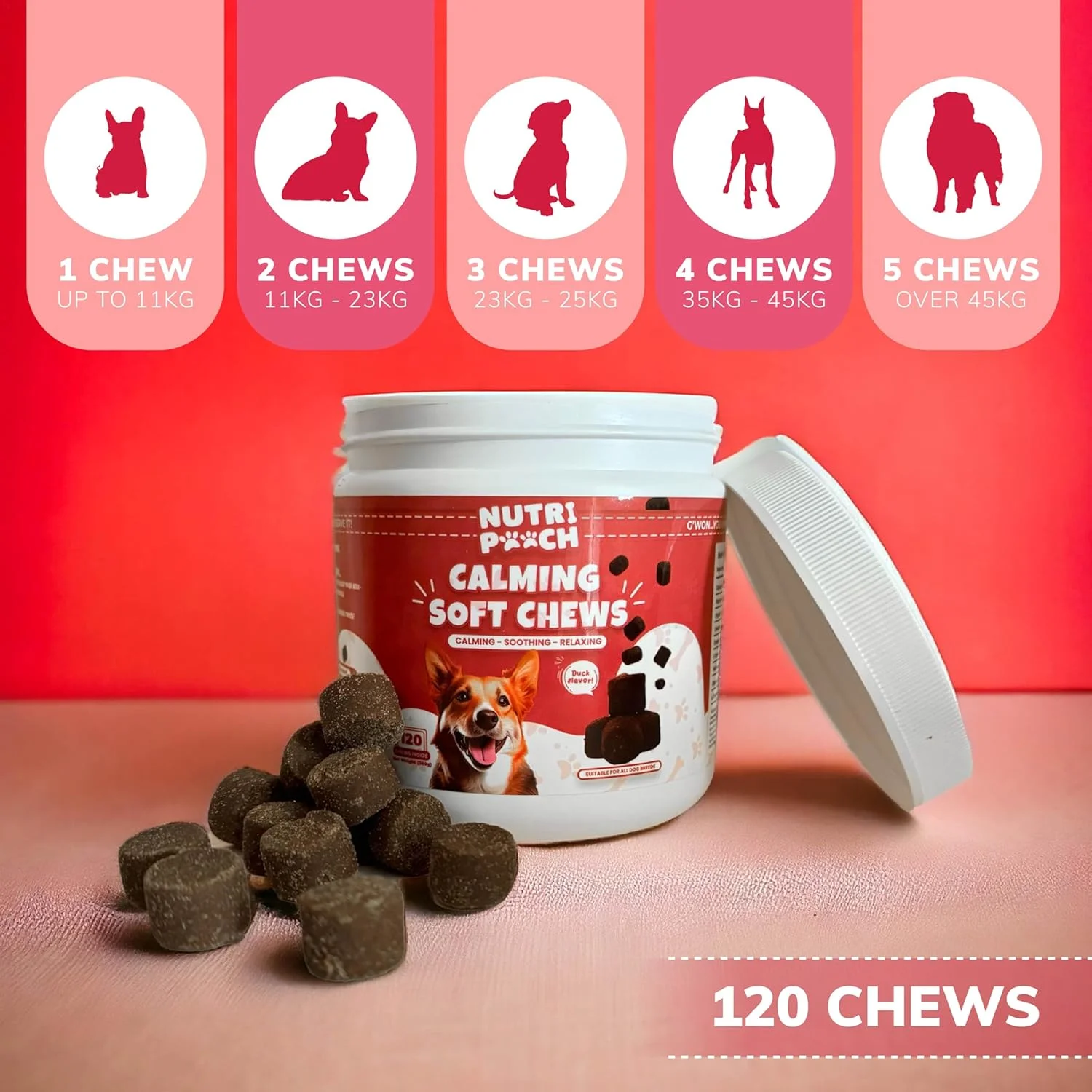 تشویقی آرام‌بخش سگ - تشویقی ضد اضطراب سگ برای آرام کردن، تسکین دادن و ریلکس کردن - تشویقی با طعم اردک برای رفع اضطراب جدایی در سگ ها، مناسب برای همه نژادها و اندازه ها - 120 عدد