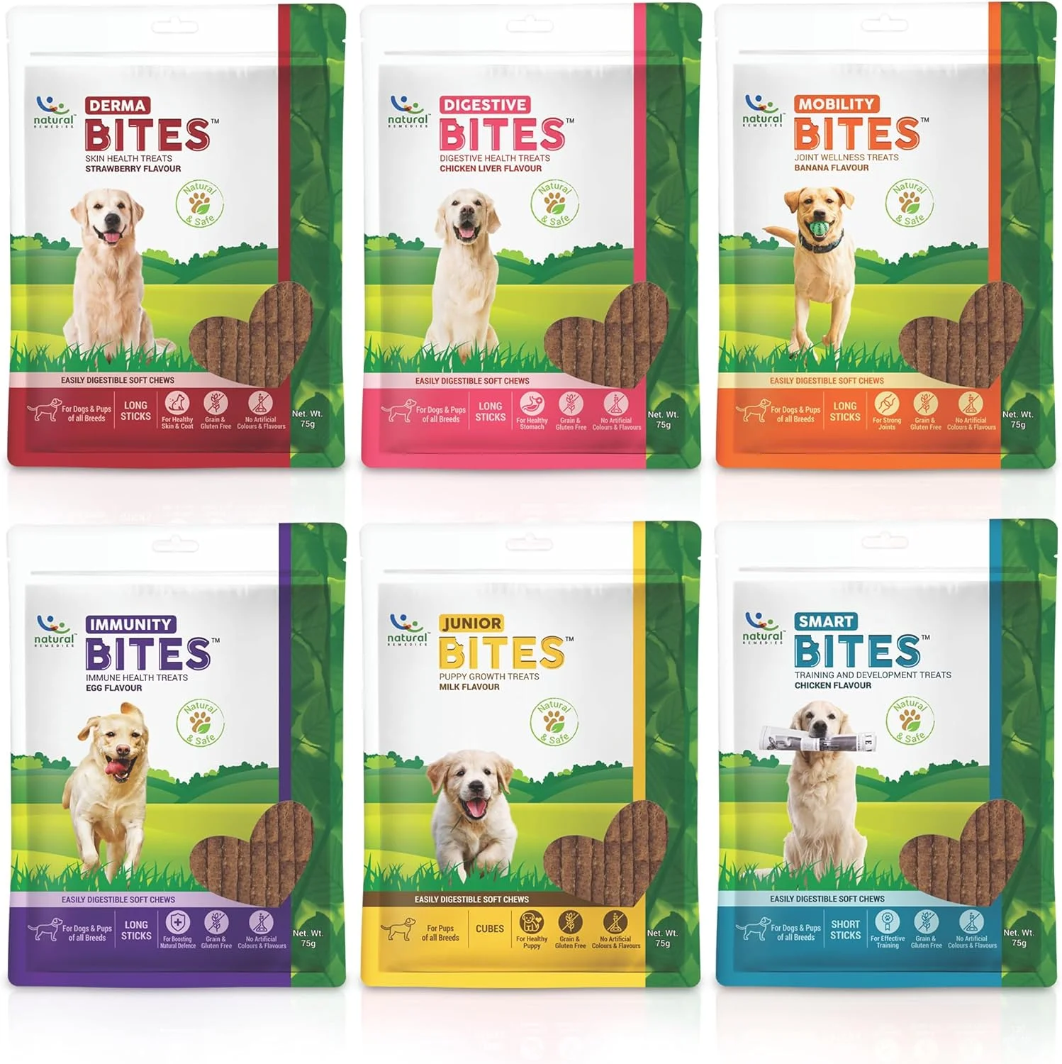 بسته ترکیبی طعم های مختلف تشویقی Natural Remedies برای سگ ها و توله سگ ها | تشویقی های گوارشی، تشویقی های ایمنی، تشویقی های پوستی، تشویقی های هوشمند، تشویقی های جونیور، تشویقی های حرکتی | 75 گرمی (بسته 6 عددی)