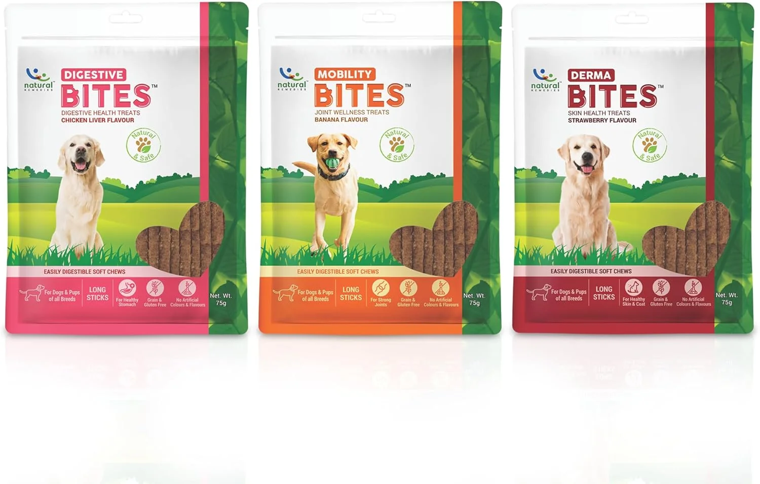 بسته ترکیبی خوراکی های درمانی طبیعی برای هضم، تحرک و پوست - طعم های جگر مرغ، موز و توت فرنگی، بدون غلات، نرم و به راحتی قابل هضم، چوب های بلند نرم برای سگ های تمام نژادها (3x75 گرم)