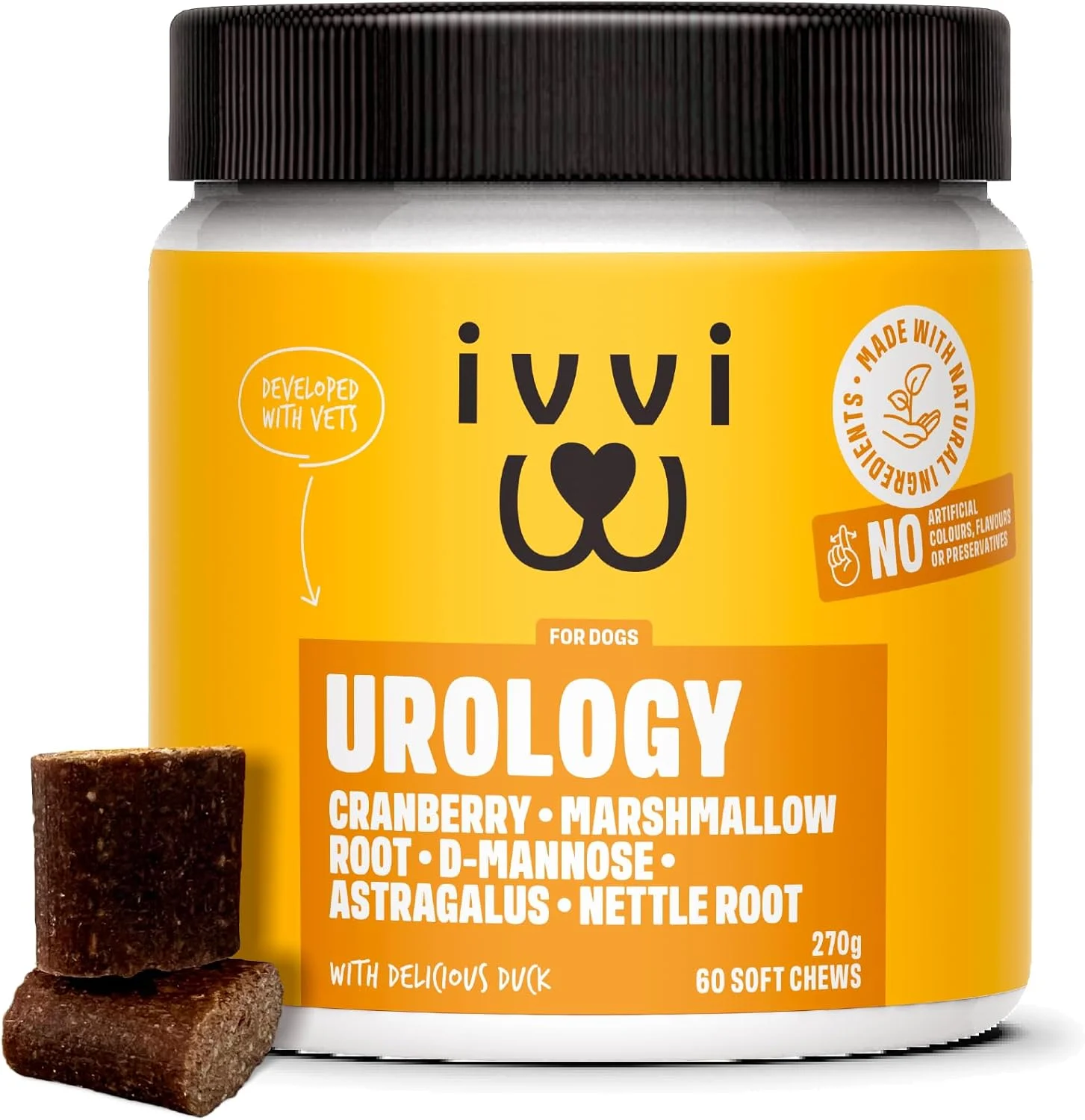 اسنک سلامت ادرار و کلیه سگ آیوی - حاوی آلتئا، کرنبری، دی-مانوز، ویتامین C، شیرین بیان، آستراگالوس و گزنه - 60 اسنک (270 گرم) با 30% گوشت اردک