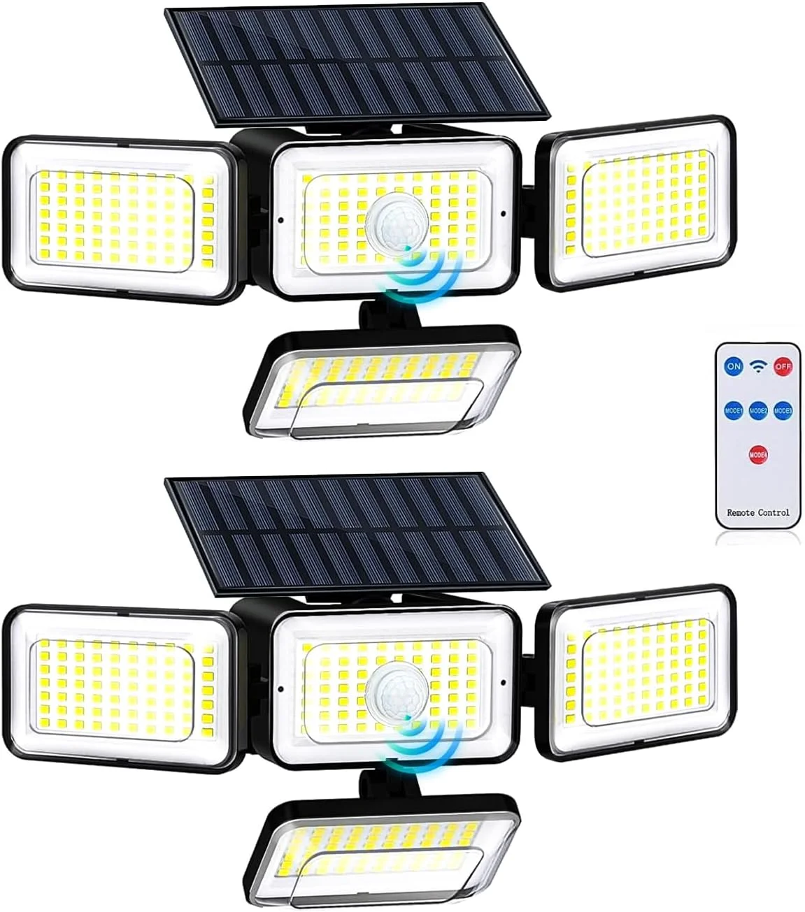 چراغ های خورشیدی فضای باز YACAISI LED 2800LM با سنسور حرکتی و کنترل از راه دور، چراغ های امنیتی ضد آب 4 سر برای دیوار حیاط بیرونی - 2 عدد