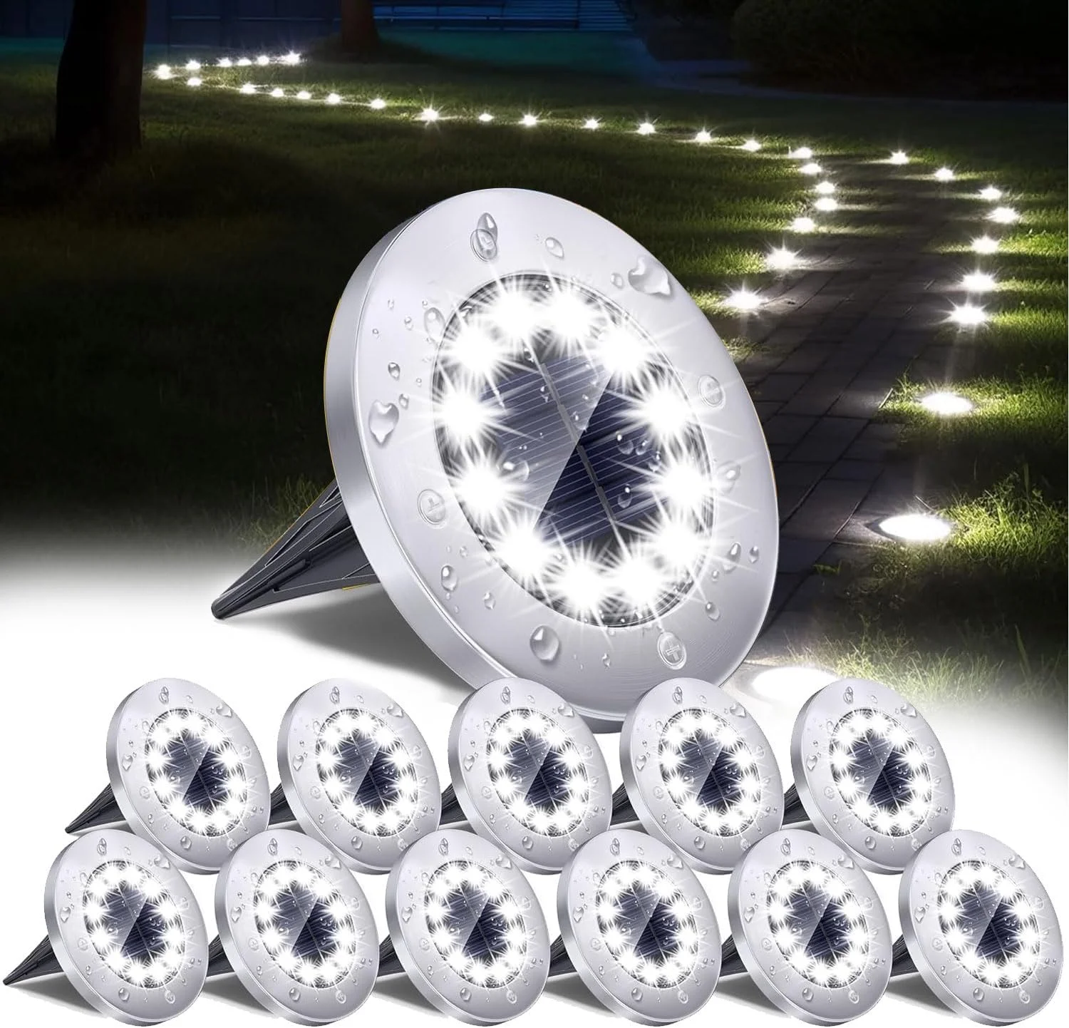 چراغ های خورشیدی برای فضای باز، بسته 12 عددی چراغ های LED خورشیدی روشن ضد آب، چراغ های تخت خورشیدی مسیر باغ روشنایی محوطه سازی برای پاسیو مسیر چمن حیاط عرشه راهرو پیاده رو (سفید سرد)