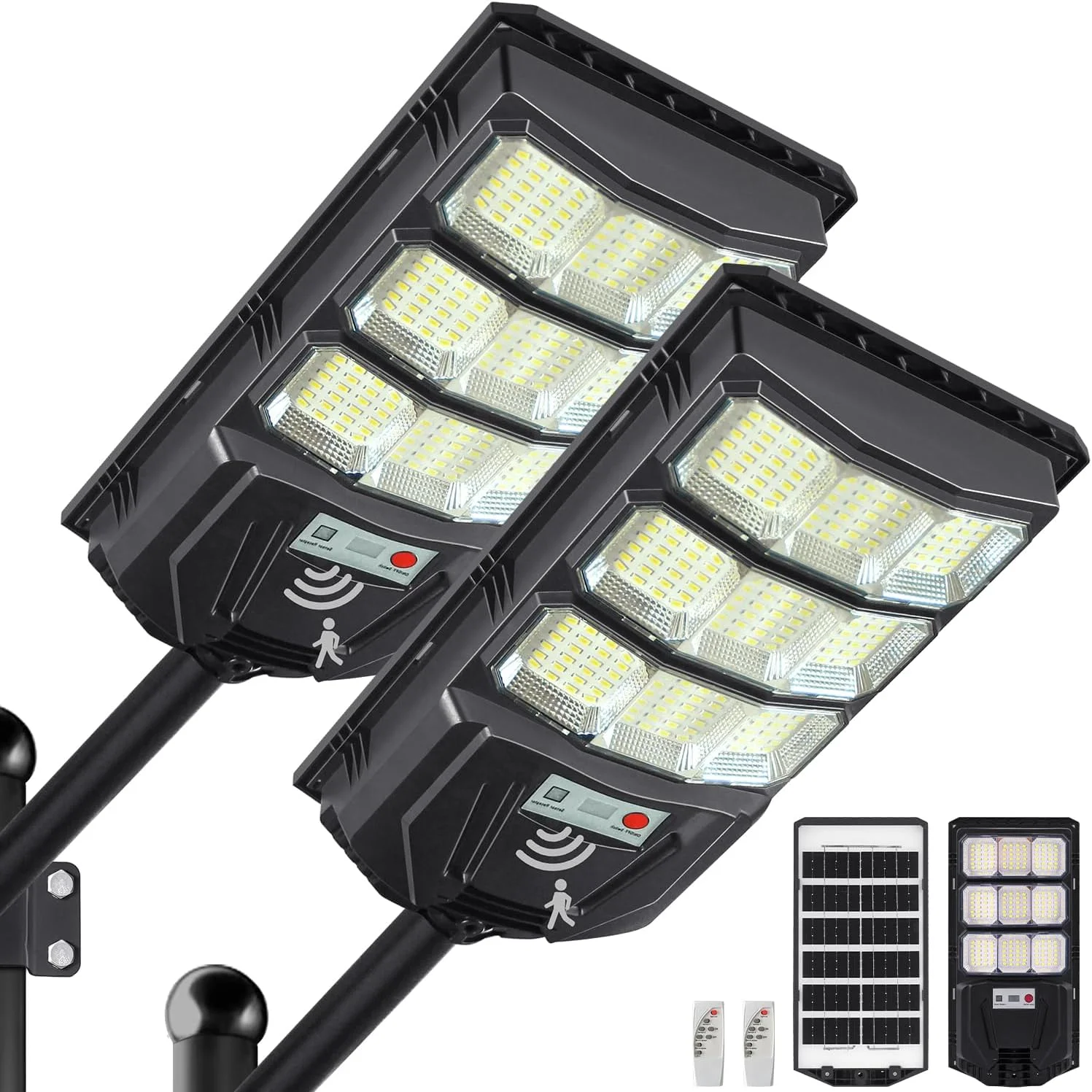 چراغ های خیابانی خورشیدی فضای باز، چراغ پارکینگ خورشیدی LED 1200 وات ضد آب با کنترل از راه دور حسگر حرکتی، نورپردازی تجاری LED امنیتی 8500K از غروب تا سحر برای حیاط، پارکینگ