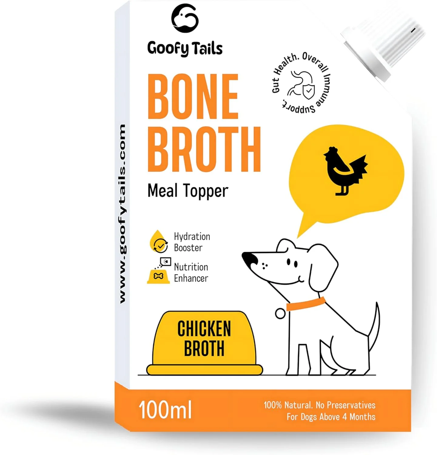 آبگوشت استخوان مرغ گوفی تیلز برای سگ ها 1000 میلی لیتر (بسته 10 عددی 100 میلی لیتری)، درجه انسانی، بدون مواد نگهدارنده، غذای مکمل سازگار با روده سگ، خوراکی های مایع آبرسان طبیعی سگ، مکمل سگ با کلاژن طبیعی