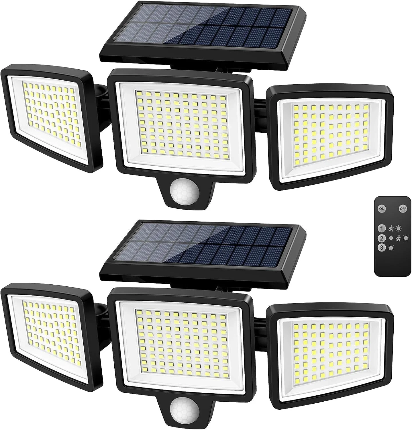 چراغ های خورشیدی فضای باز 2 عددی 2500LM 210LED چراغ امنیتی با کنترل از راه دور، سنسور حرکتی، چراغ های نصب شده روی دیوار با زاویه باز 270 درجه برای حیاط، گاراژ، راهرو، 3 حالت روشنایی برای امنیت بیشتر در شب