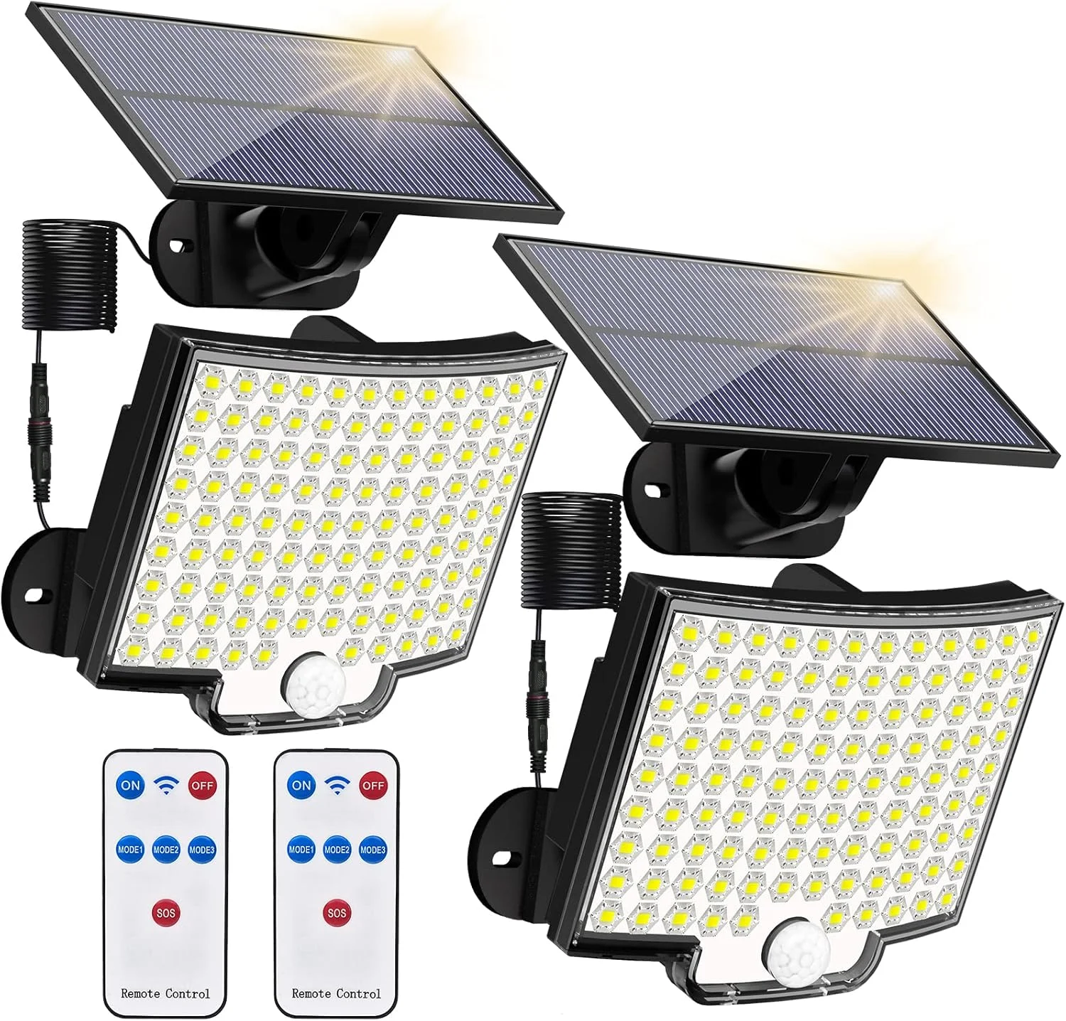چراغ های خورشیدی فضای باز، 106 LED 3000LM چراغ های سیلابی حسگر حرکتی خورشیدی با کنترل از راه دور، چراغ های دیواری امنیتی خورشیدی LED از غروب تا سحر با کابل 16.5 فوتی IP65 ضد آب برای فضای باز، گاراژ، 2 عدد