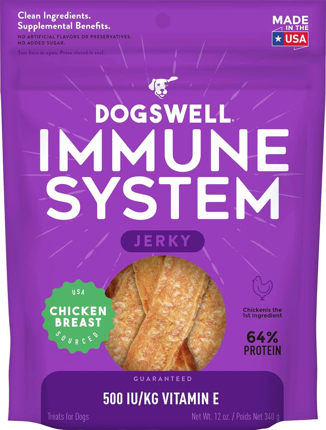 تشویقی سگ DOGSWELL، 100% گوشت جِرکی، تولید شده در آمریکا با ویتامین ها و زردچوبه برای حفظ سلامتی و شادابی، 340 گرم