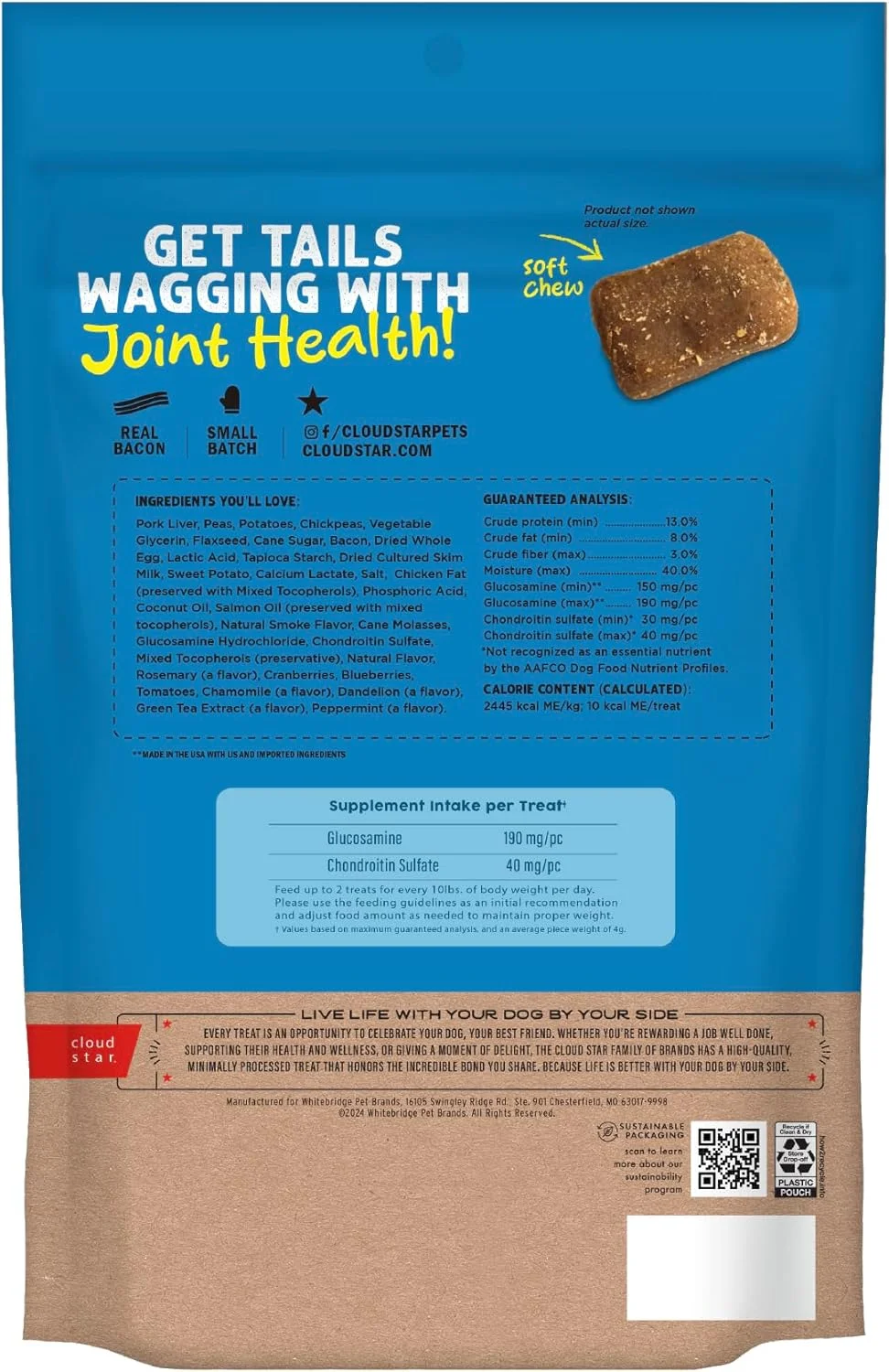 تشویقی نرم سگ Cloud Star Dynamo Dog برای مفاصل و استخوان ها، بدون غلات، طعم بیکن و پنیر، بسته 397 گرمی