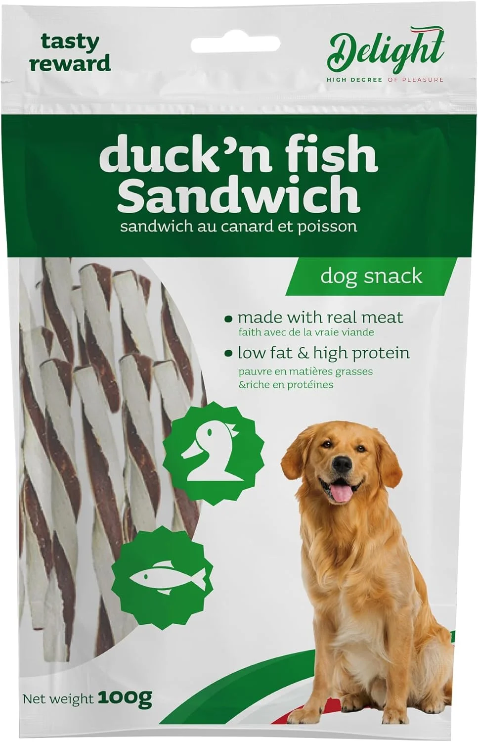 اسنک ساندویچی اردک و ماهی دِلایت 100 گرمی - غذای پروتئینی ممتاز برای سگ ها