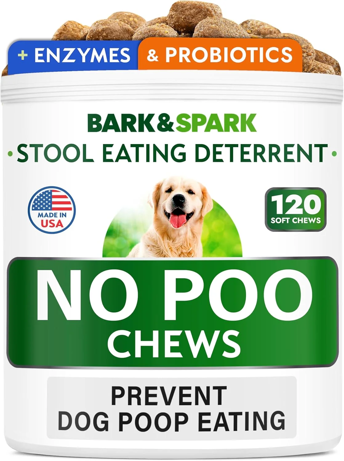 تشویقی سگ Bark&Spark NO Poo - جلوگیری از خوردن مدفوع سگ - درمان کوپروفاژی - دافع خوردن مدفوع - پروبیوتیک ها و آنزیم ها - سلامت دستگاه گوارش + خوشبو کننده دهان - 120 عدد جویدنی نرم - ساخت آمریکا - با طعم بیکن