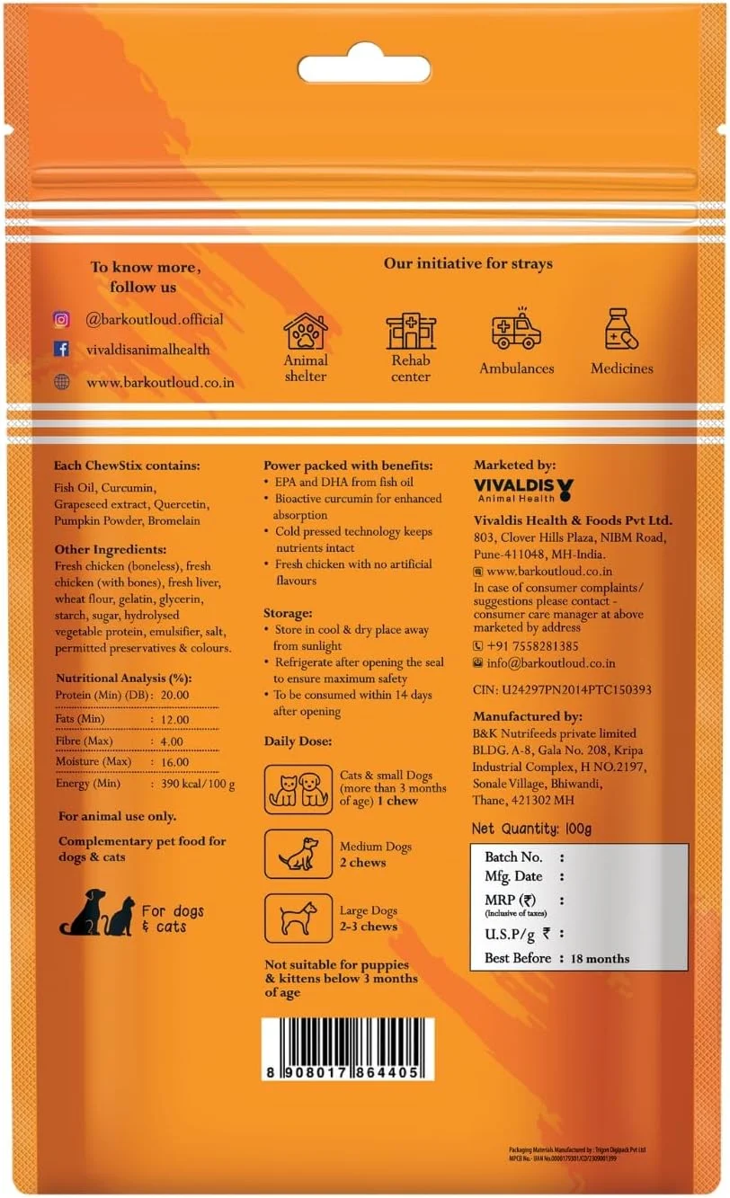 تشویقی سگ و گربه بارک اوت لاود با طعم مرغ و زردچوبه - حاوی کدو تنبل و عصاره دانه انگور برای پوست و موی درخشان - مناسب برای تمامی سنین 100 گرم