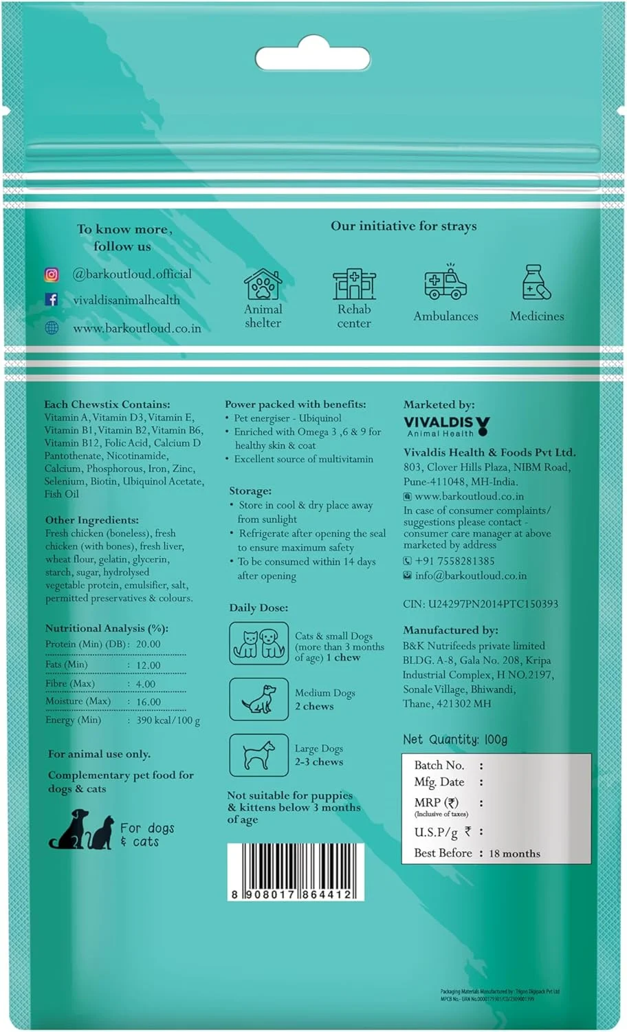 تشویقی استیک مرغ تازه Bark Out Loud by Vivaldis، حاوی امگا و زینک برای سلامت و شادابی سگ و گربه در تمام سنین، بسته 100 گرمی تشویقی استیک مرغ تازه Bark Out Loud by Vivaldis، حاوی امگا و زینک برای سلامت و شادابی سگ و گربه در تمام سنین، بسته 100 گرمی