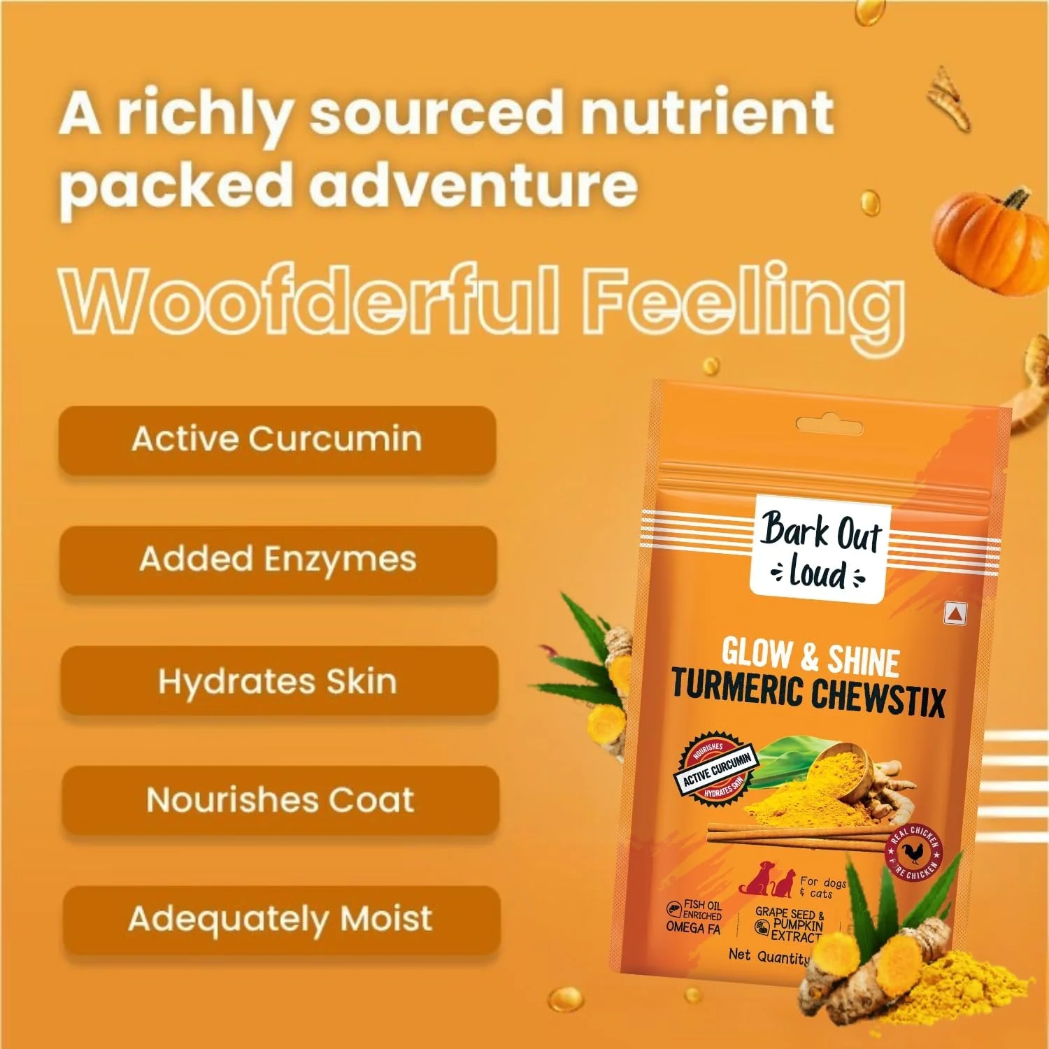 تشویقی سگ و گربه بارک اوت لاود با طعم مرغ و زردچوبه - حاوی کدو تنبل و عصاره دانه انگور برای پوست و موی درخشان - مناسب برای تمامی سنین 100 گرم