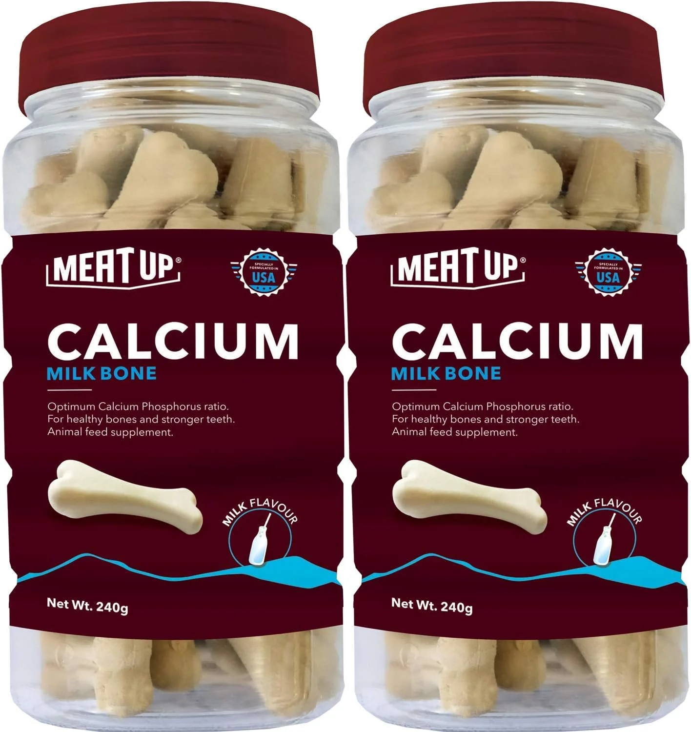 استخوان کلسیم Meat Up، تشویقی سگ، 480 گرم (2 بسته 240 گرمی) | بدون رنگ مصنوعی، جلوگیری از ایجاد جرم دندان، پشتیبانی از سلامت پوست و مو | بهترین برای آموزش و پاداش
