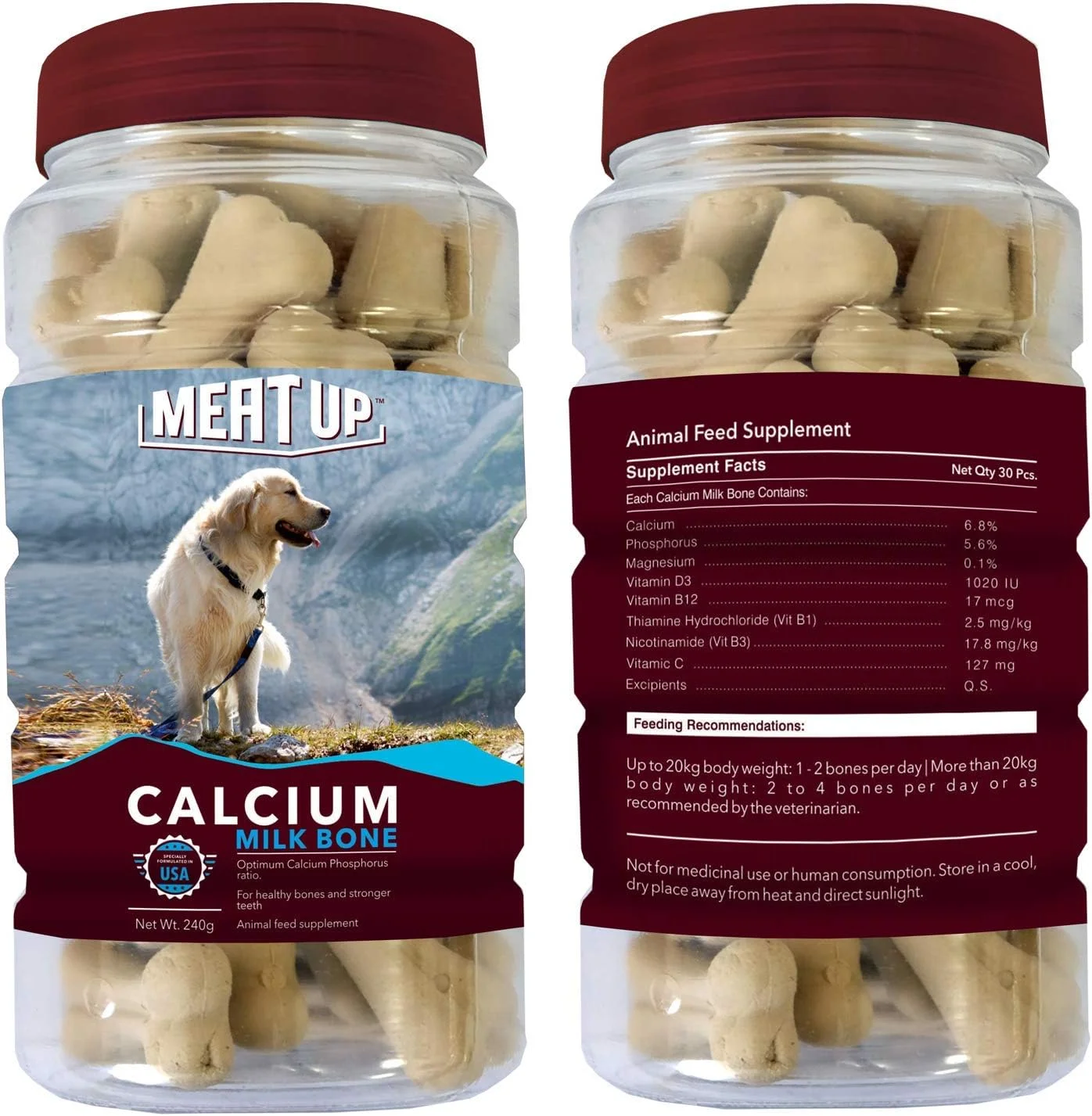 استخوان کلسیم Meat Up، تشویقی سگ، 480 گرم (2 بسته 240 گرمی) | بدون رنگ مصنوعی، جلوگیری از ایجاد جرم دندان، پشتیبانی از سلامت پوست و مو | بهترین برای آموزش و پاداش