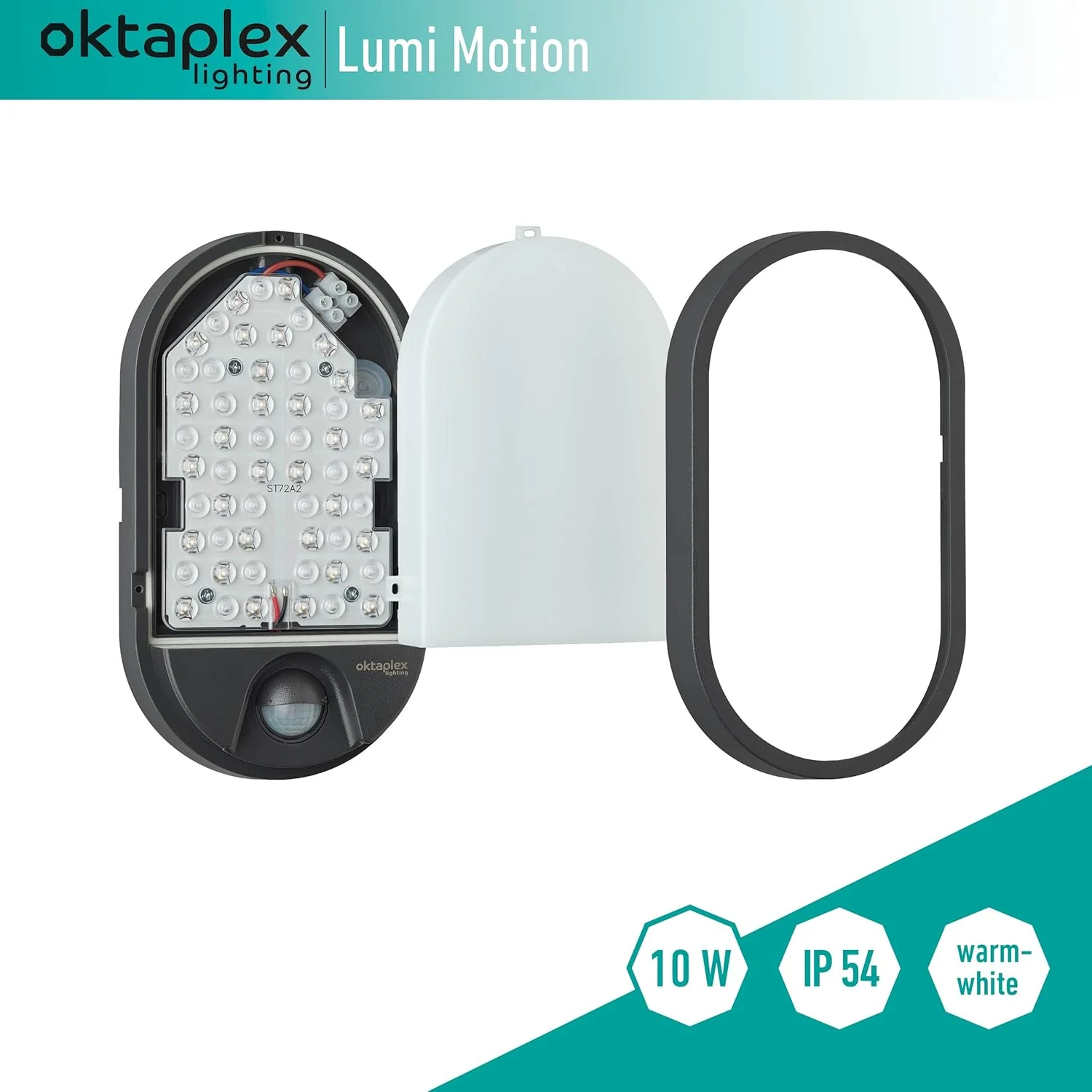 چراغ دیواری فضای باز Oktaplex lighting Lumi Motion IP54 با سنسور حرکتی 10 وات 800 لومن 3000 کلوین نور سفید گرم، رنگ آنتراسیت