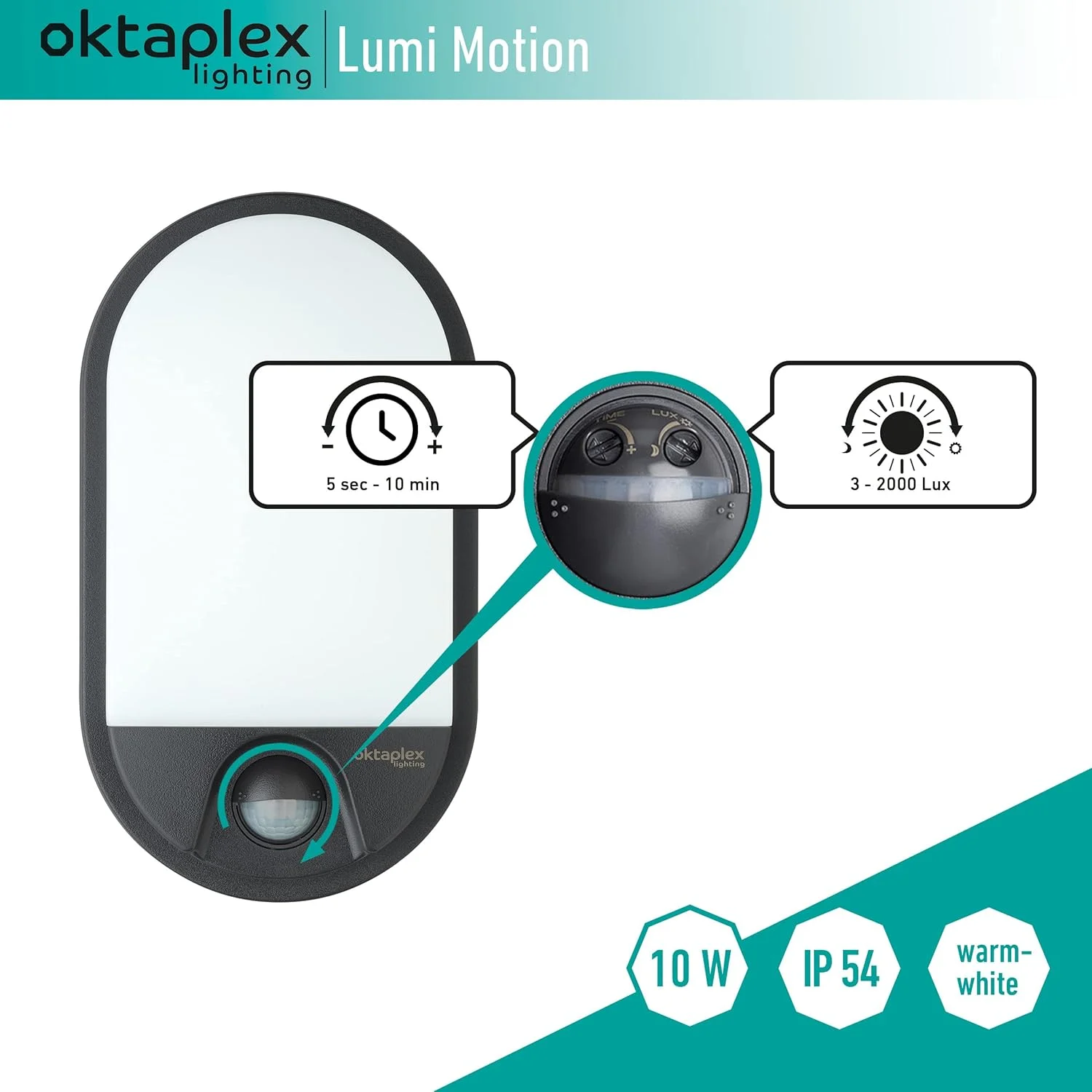 چراغ دیواری فضای باز Oktaplex lighting Lumi Motion IP54 با سنسور حرکتی 10 وات 800 لومن 3000 کلوین نور سفید گرم، رنگ آنتراسیت