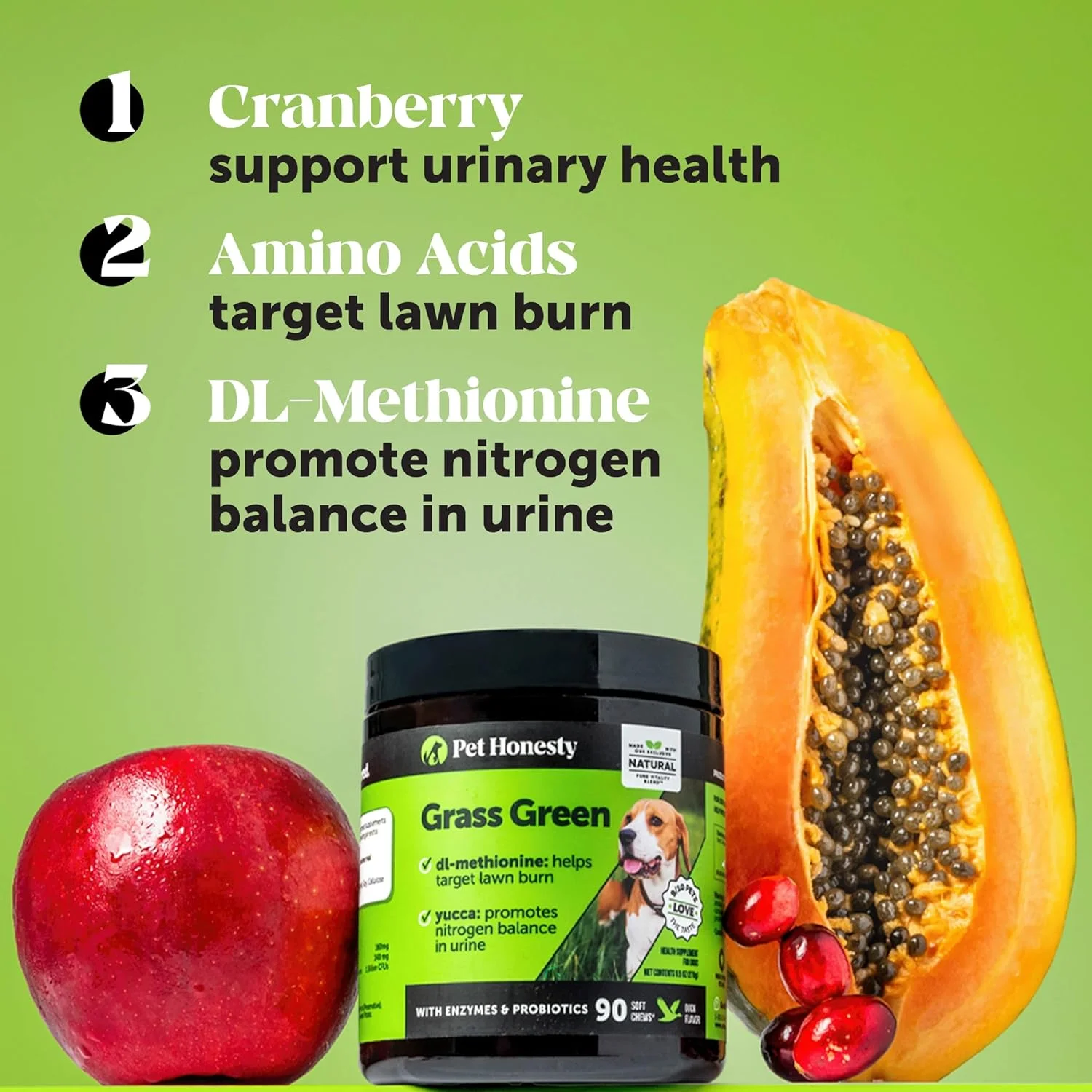 تشویقی نرم از بین برنده لکه های ناشی از ادرار سگ Pet Honesty GrassGreen - درمان لکه های چمن ناشی از ادرار سگ - حاوی کرن بری، سرکه سیب، DL-متیونین - 90 عدد تشویقی