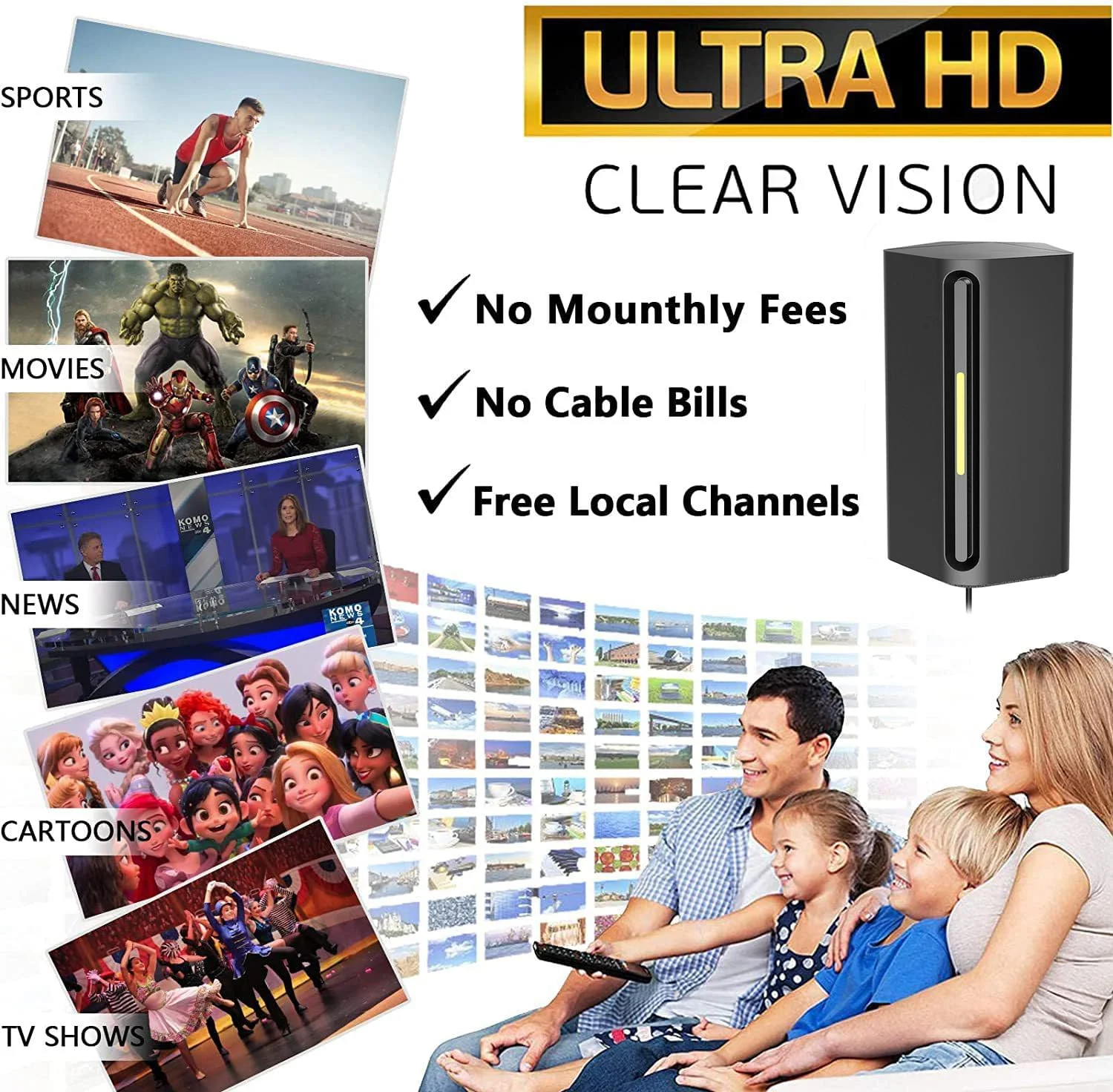 آنتن تلویزیون دیجیتال دوربرد - داخلی/خارجی، آنتن HD قابل حمل برای تلویزیون های هوشمند و قدیمی - کابل کواکسیال 33 فوتی - پشتیبانی از 4K 1080p