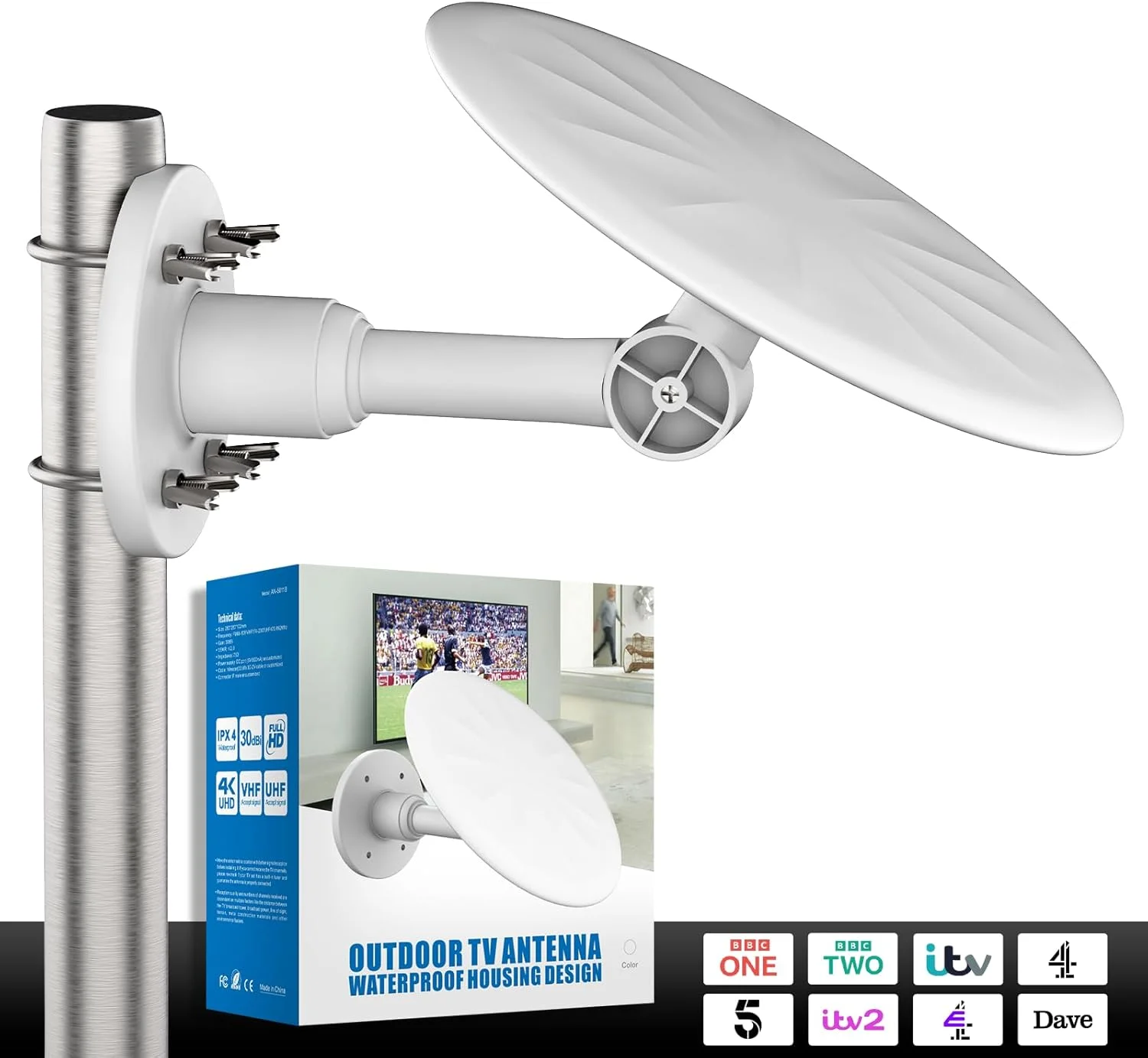 آنتن تلویزیون دیجیتال HD بیرونی - پشتیبانی از Freeview، دریافت 4K و 1080P؛ مقاوم در برابر آب و هوا، آنتن هوشمند دوربرد با کابل 10 متری (سفید)