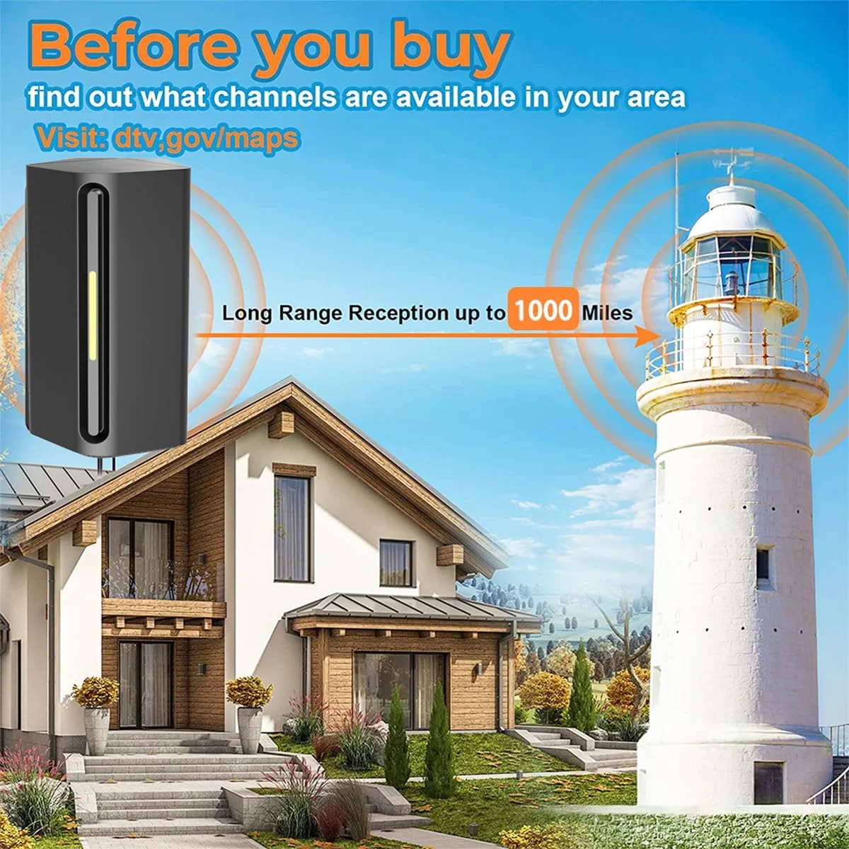 آنتن تلویزیون دیجیتال دوربرد - داخلی/خارجی، آنتن HD قابل حمل برای تلویزیون های هوشمند و قدیمی - کابل کواکسیال 33 فوتی - پشتیبانی از 4K 1080p