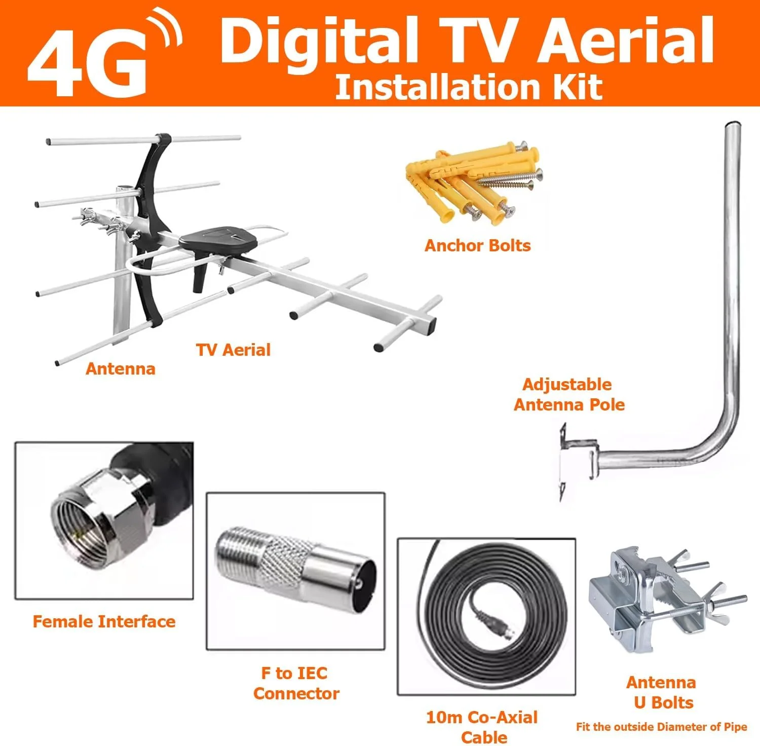 کیت نصب آنتن هوایی تلویزیون دیجیتال 4G مناسب فضای باز، برای نصب در اتاق زیر شیروانی یا پشت بام برای تلویزیون های هوشمند Freeview HD دیجیتال + کانکتور کواکسیال نر و ماده کابل 10 متری RG6 به همراه پیچ و مهره های نصب