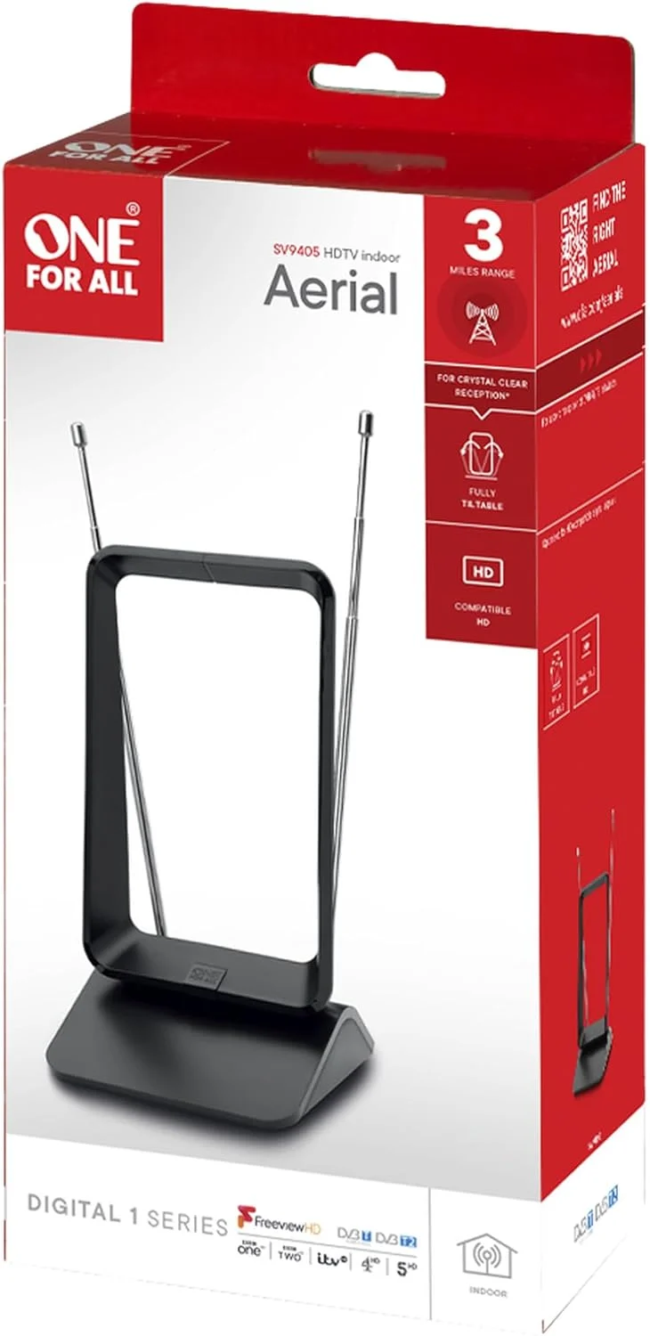 آنتن تلویزیون دیجیتال داخلی بدون تقویت کننده One For All - آماده دریافت سیگنال های تلویزیونی Freeview و آنالوگ در محدوده 5 کیلومتری - HD Ready - آنتن HDTV – UHF/VHF – مشکی - SV9405