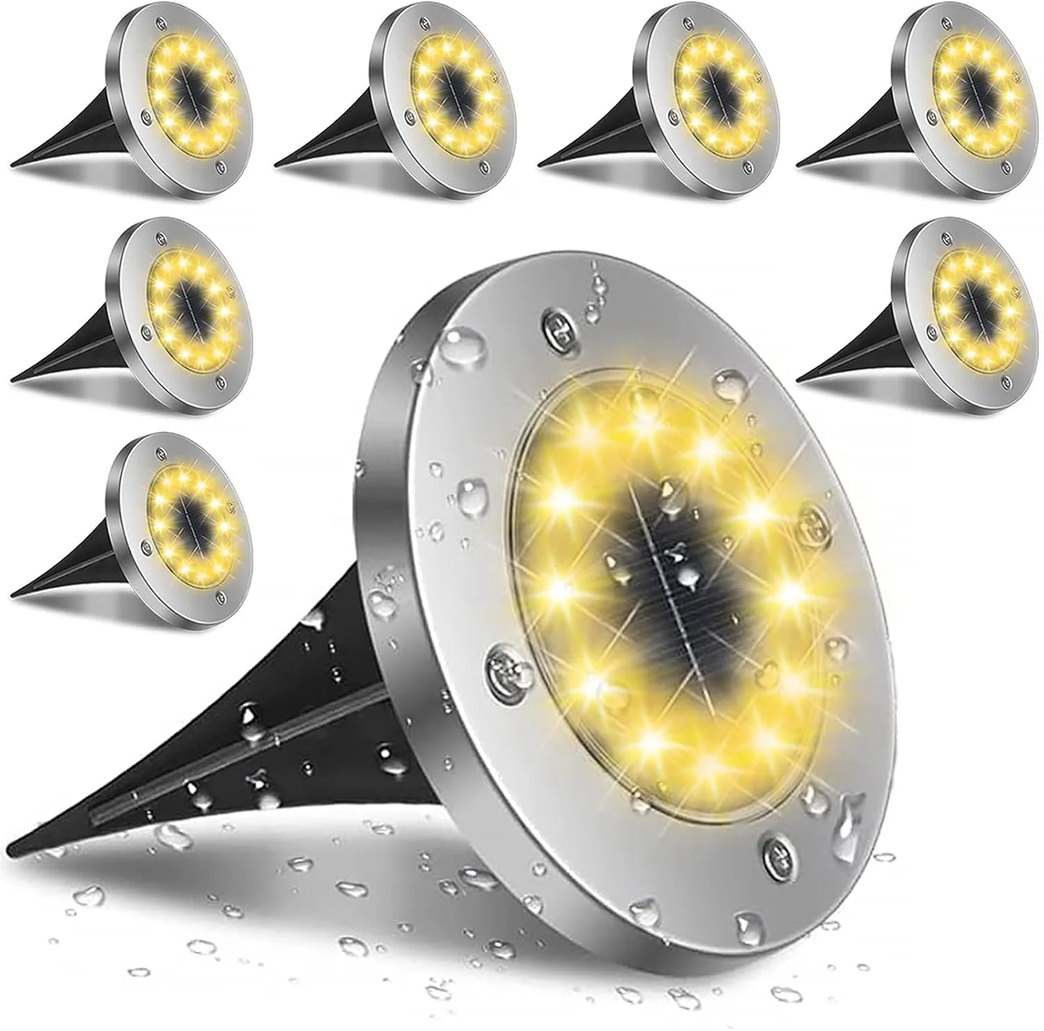 چراغ های خورشیدی زمینی 12 LED بسته 8 عددی چراغ های باغ خورشیدی در فضای باز IP65 ضد آب چراغ های شب خورشیدی LED چراغ های دیسکی خورشیدی برای محوطه سازی باغ حیاط چمن پاسیو مسیر پیاده رو نرده ها روشنایی