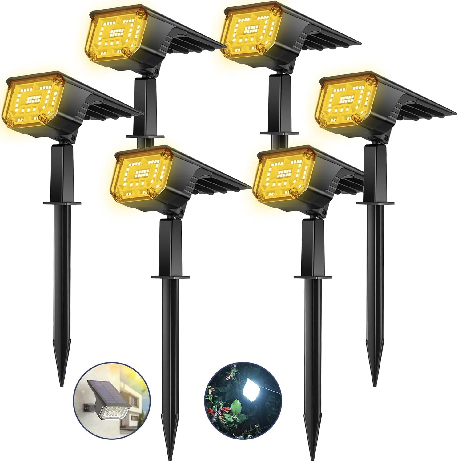 چراغ های نقطه ای خورشیدی LOONHIM برای فضای باز باغ، ضد آب IP65، دارای 45 LED، دارای منبع تغذیه USB و خورشیدی، چراغ های محوطه با 3 حالت نور سفید گرم، روشن شدن خودکار/خاموش شدن، نورپردازی روشن برای حیاط، درخت، میله پرچم، بسته 6 عددی