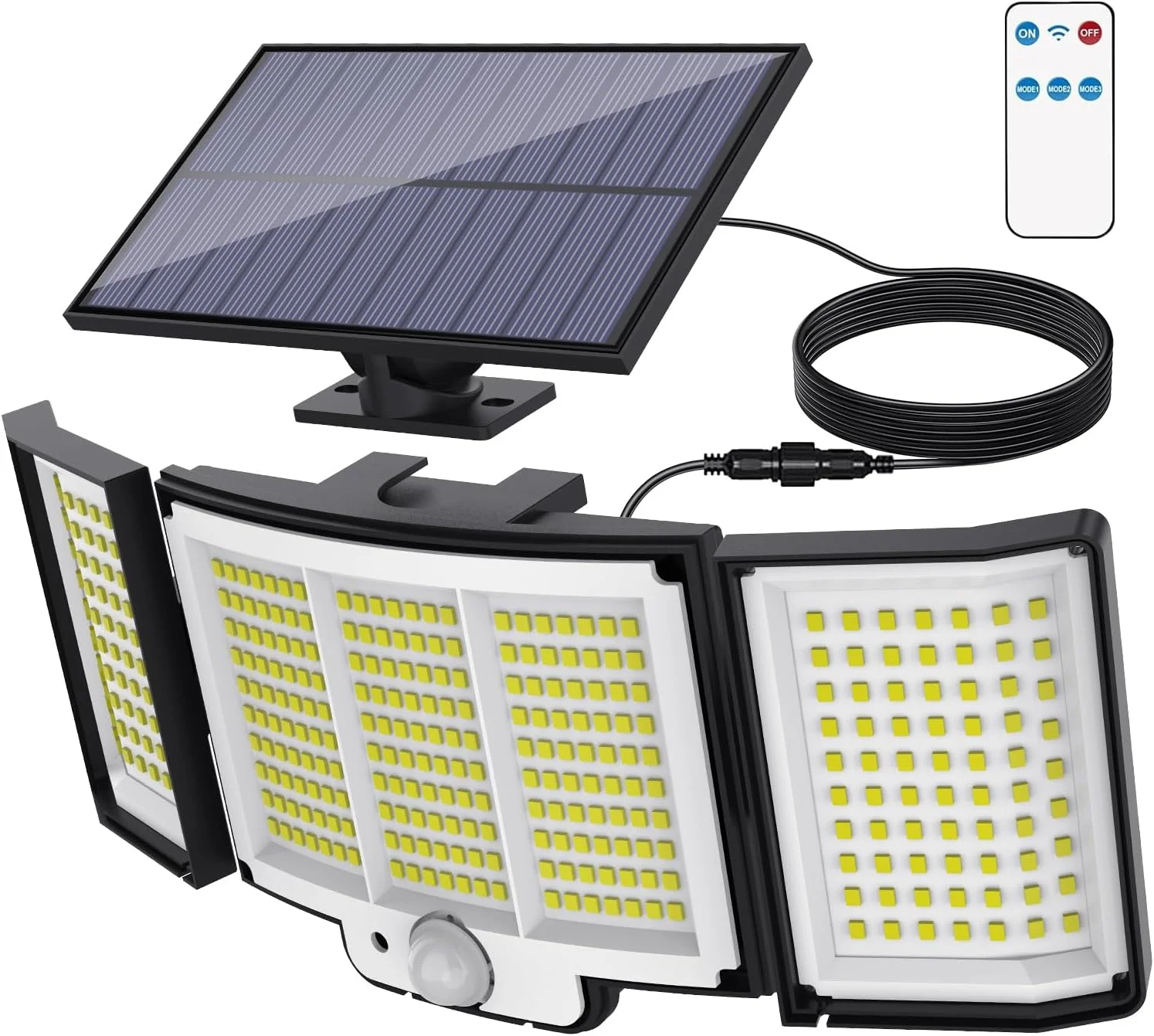 چراغ های خورشیدی فضای باز، چراغ های LED 2500LM حسگر حرکتی خورشیدی با کنترل از راه دور، چراغ های امنیتی ضد آب IP65 با 3 سر برای حیاط، گاراژ، پاسیو، دیوار (1 عدد)