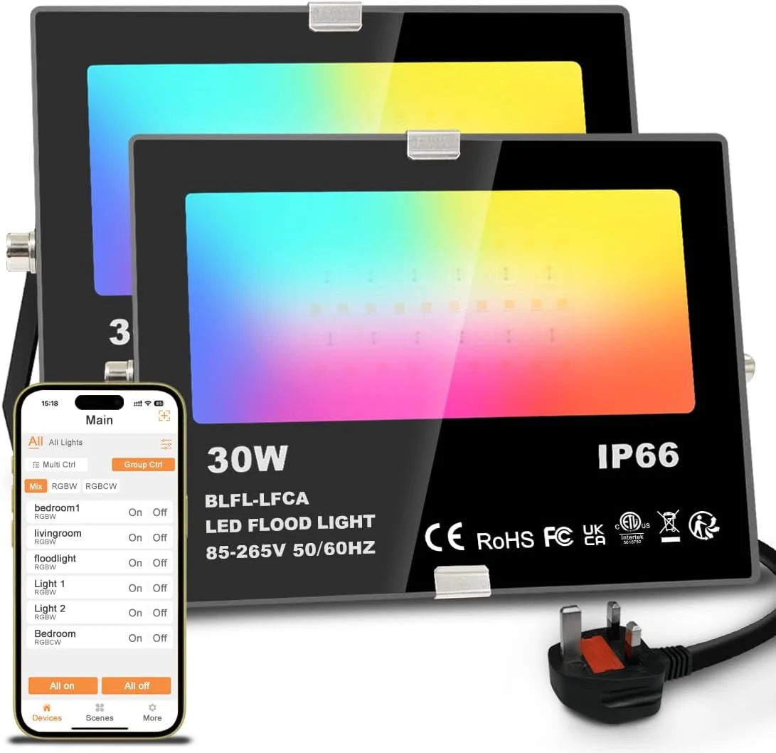 پروژکتور ال ای دی 30 وات 3000 لومن Lighting master، چراغ های هوشمند RGB مناسب فضای باز با کنترل از طریق اپلیکیشن، تغییر رنگ + سفید گرم، زمان بندی - صحنه - باغ IP66، دوشاخه UK (بسته 2 عددی)