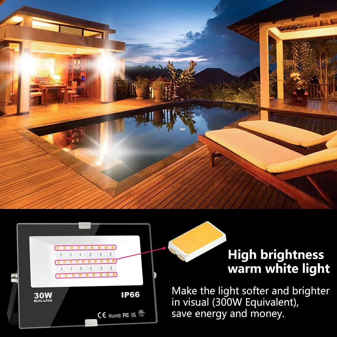 پروژکتور ال ای دی 30 وات 3000 لومن Lighting master، چراغ های هوشمند RGB مناسب فضای باز با کنترل از طریق اپلیکیشن، تغییر رنگ + سفید گرم، زمان بندی - صحنه - باغ IP66، دوشاخه UK (بسته 2 عددی)