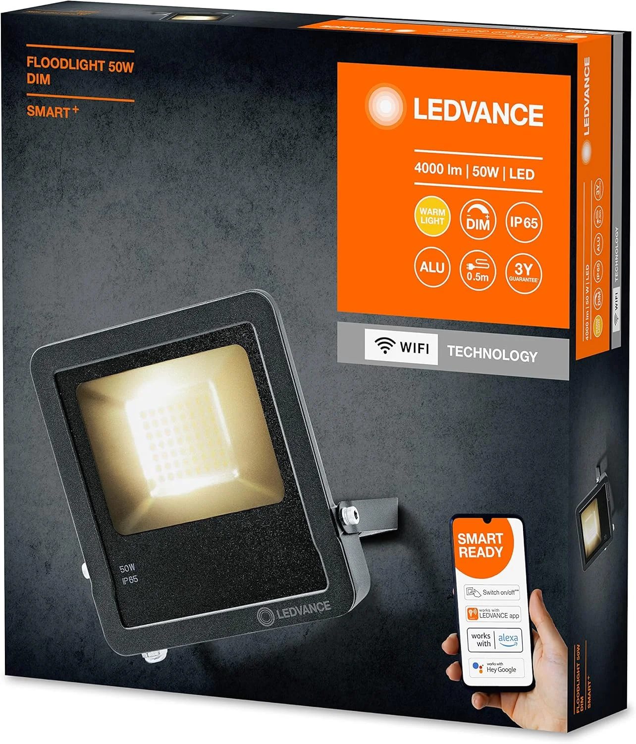 چراغ LED هوشمند فضای باز LEDVANCE با فناوری WiFi، نورافکن برای فضای بیرونی، سفید گرم (3000K)، قابلیت تنظیم نور، 50 وات، آلومینیوم خاکستری تیره، سازگار با Google و Alexa Voice، SMART+ WiFi FLOOD