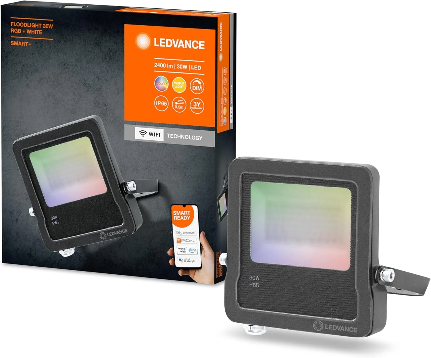 چراغ LED خارجی هوشمند LEDVANCE با فناوری WiFi، نورافکن برای فضای باز، رنگ های RGB قابل تغییر، 30 وات، ساخته شده از آلومینیوم خاکستری تیره، سازگار با Google و Alexa Voice، نورافکن SMART+ WiFi