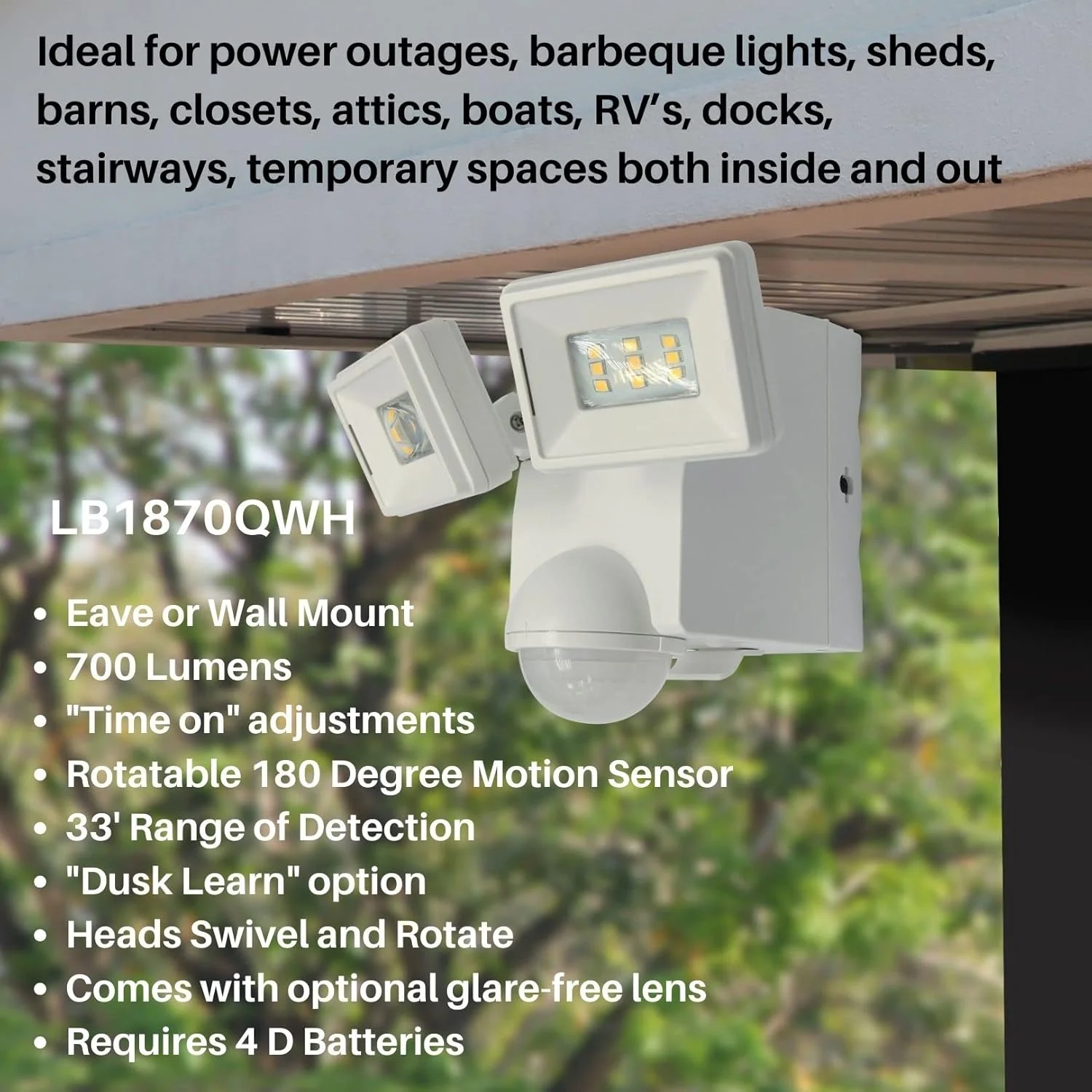 چراغ امنیتی LED با حسگر حرکتی و باتری خور IQ America LB1870QWH با نور 700 لومن، دارای پایه L و نصب جهانی، مناسب برای فضای داخلی و خارجی، کمد، انباری، اتاق زیر شیروانی، کارگاه، گاراژ، روشنایی امن و باربیکیو (سفید)