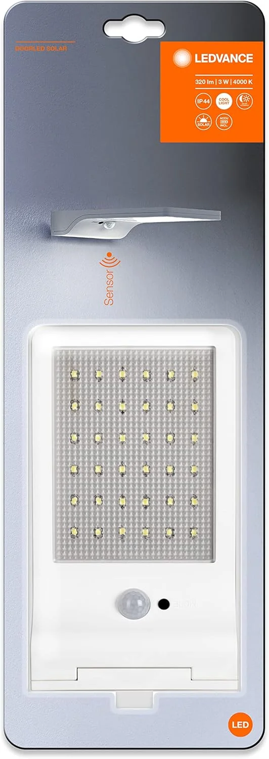 چراغ LED باتری خور LEDVANCE: برای دیوار، DoorLED خورشیدی / 3 وات، زاویه تابش: 100 درجه، سفید سرد، 4000 کلوین، جنس بدنه: اکریلونیتریل بوتادین استایرن (ABS)، IP44، بسته 1 عددی