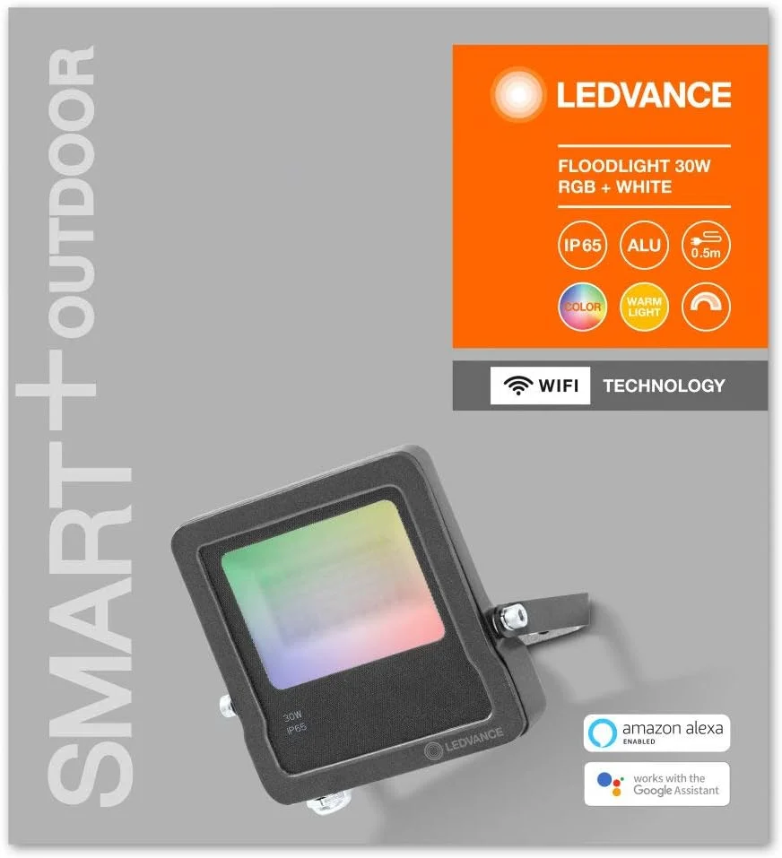 چراغ LED خارجی هوشمند LEDVANCE با فناوری WiFi، نورافکن برای فضای باز، رنگ های RGB قابل تغییر، 30 وات، ساخته شده از آلومینیوم خاکستری تیره، سازگار با Google و Alexa Voice، نورافکن SMART+ WiFi
