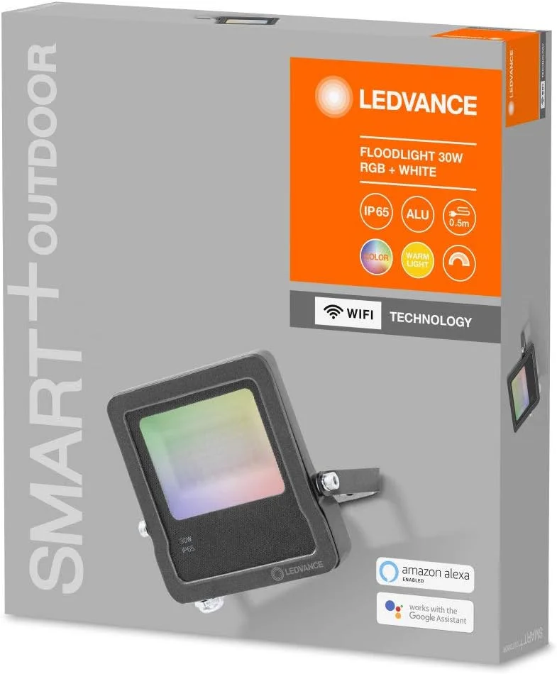 چراغ LED خارجی هوشمند LEDVANCE با فناوری WiFi، نورافکن برای فضای باز، رنگ های RGB قابل تغییر، 30 وات، ساخته شده از آلومینیوم خاکستری تیره، سازگار با Google و Alexa Voice، نورافکن SMART+ WiFi