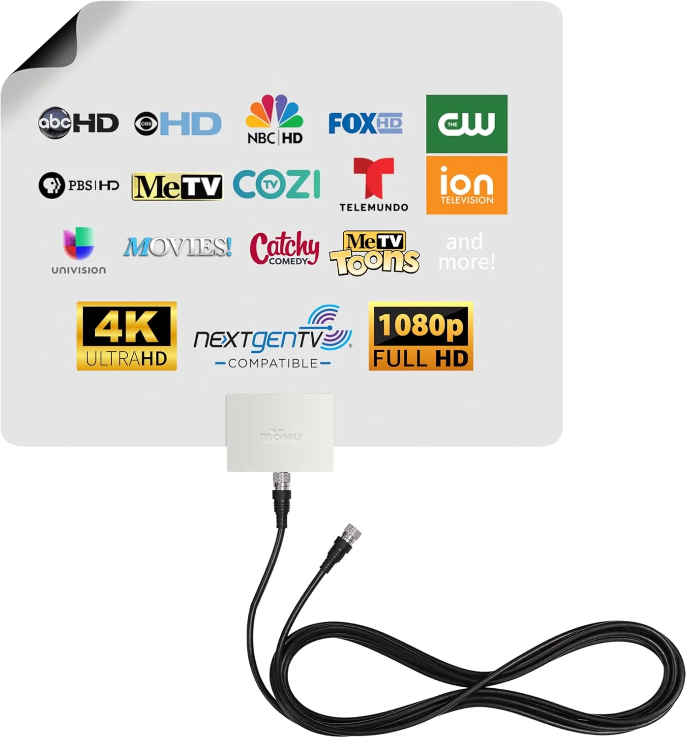 آنتن تلویزیون داخلی تقویت شده Mohu Leaf Plus، برد 96 کیلومتر، UHF/VHF چند جهته، طراحی اصلی فوق العاده نازک، کابل کواکسیال 4.8 متری، پیش تقویت شده 15 دسی بل، دو طرفه، قابل رنگ آمیزی، آماده 4K، MH-110029