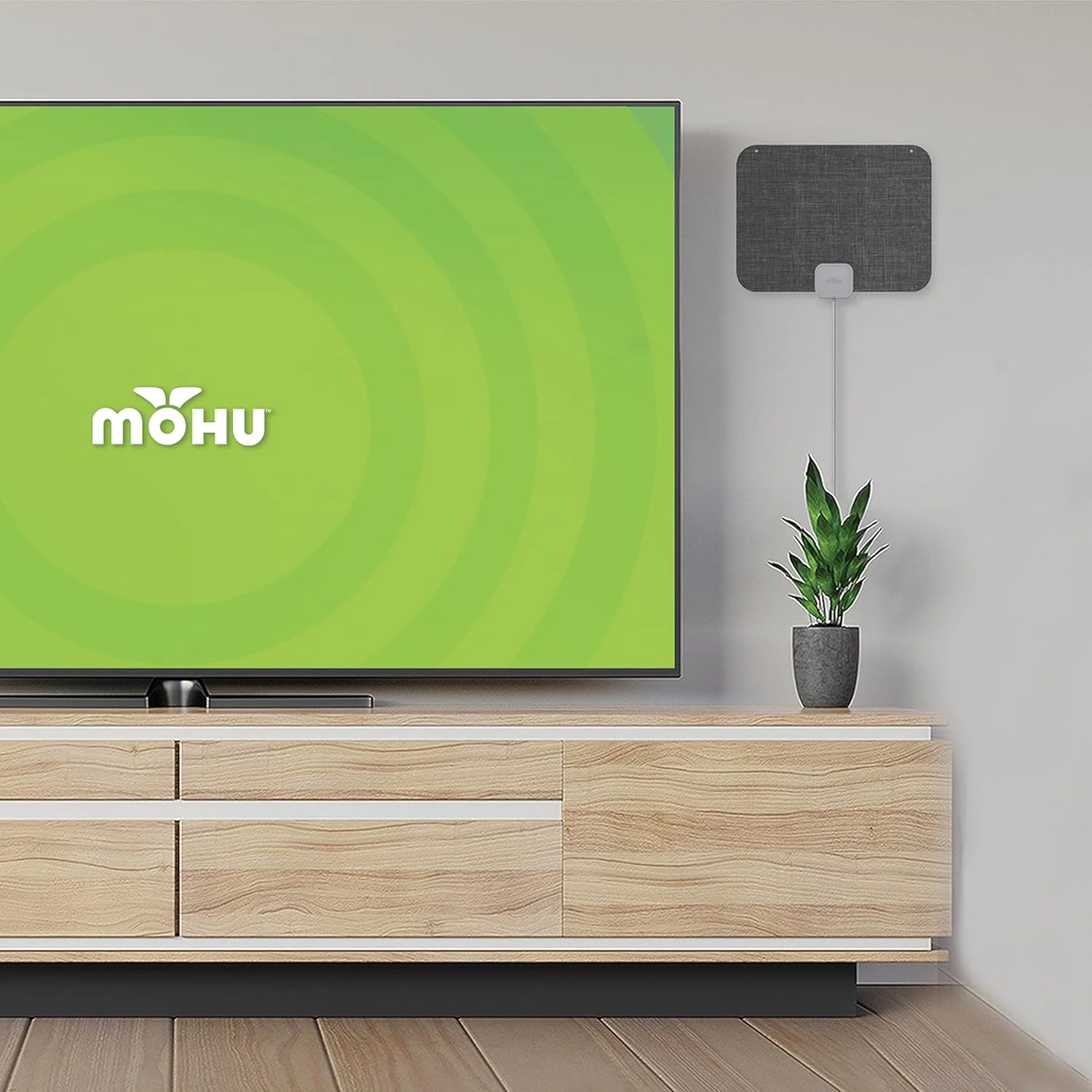 آنتن تلویزیون داخلی تخت موهو مدل Leaf Stitch Amplified با برد 96 کیلومتر، تقویت کننده Jolt Switch، UHF VHF، چند جهته، 4K UHD، NEXTGEN TV - همراه با کابل 3.6 متری