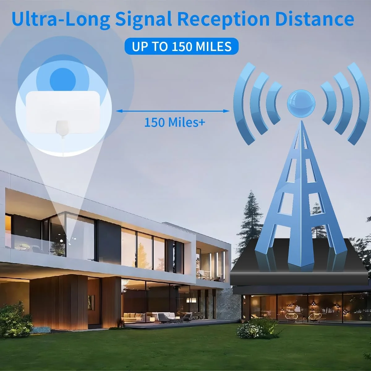 آنتن تلویزیون میلیوان، آنتن داخلی تلویزیون - آنتن دیجیتال Freeview با برد 150 مایل، آنتن HDTV برای تلویزیون Freeview، پشتیبانی از 4K 1080P برای همه تلویزیون‌ها - کابل کواکسیال 12.2 فوت