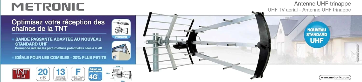 آنتن خارجی UHF مترونیک تقویت شده 57 دسی بل TNT/سازگار با Full HD / 4K آنتن 20 دسی بل خاکستری